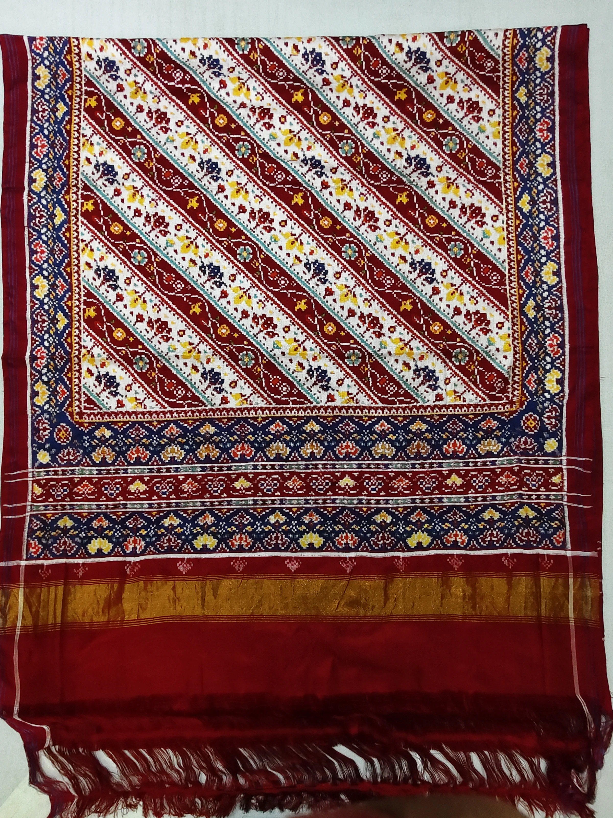 Multi Lehriya Red White Natural Colour Double Ikat Patola Saree