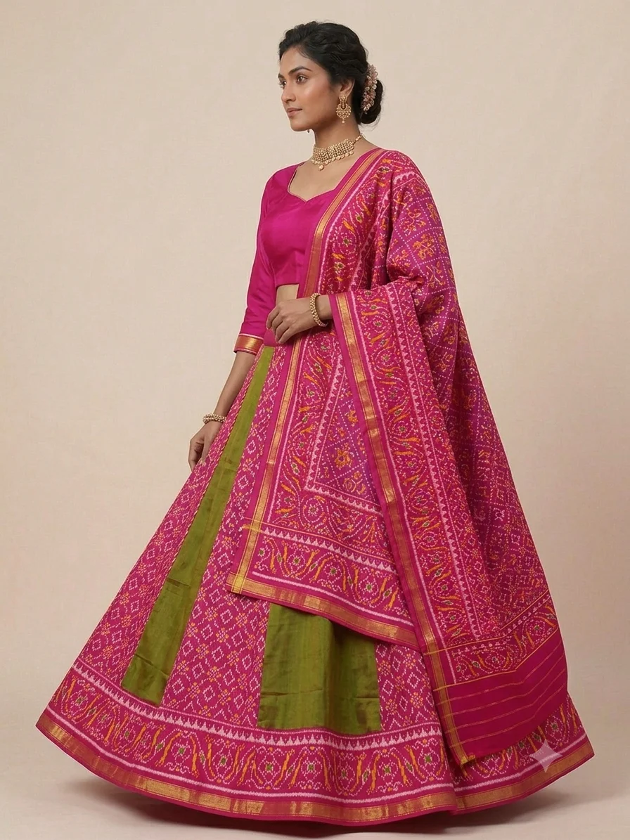 Pink Buttonful Bhat Single Ikat Chaniya Choli Material