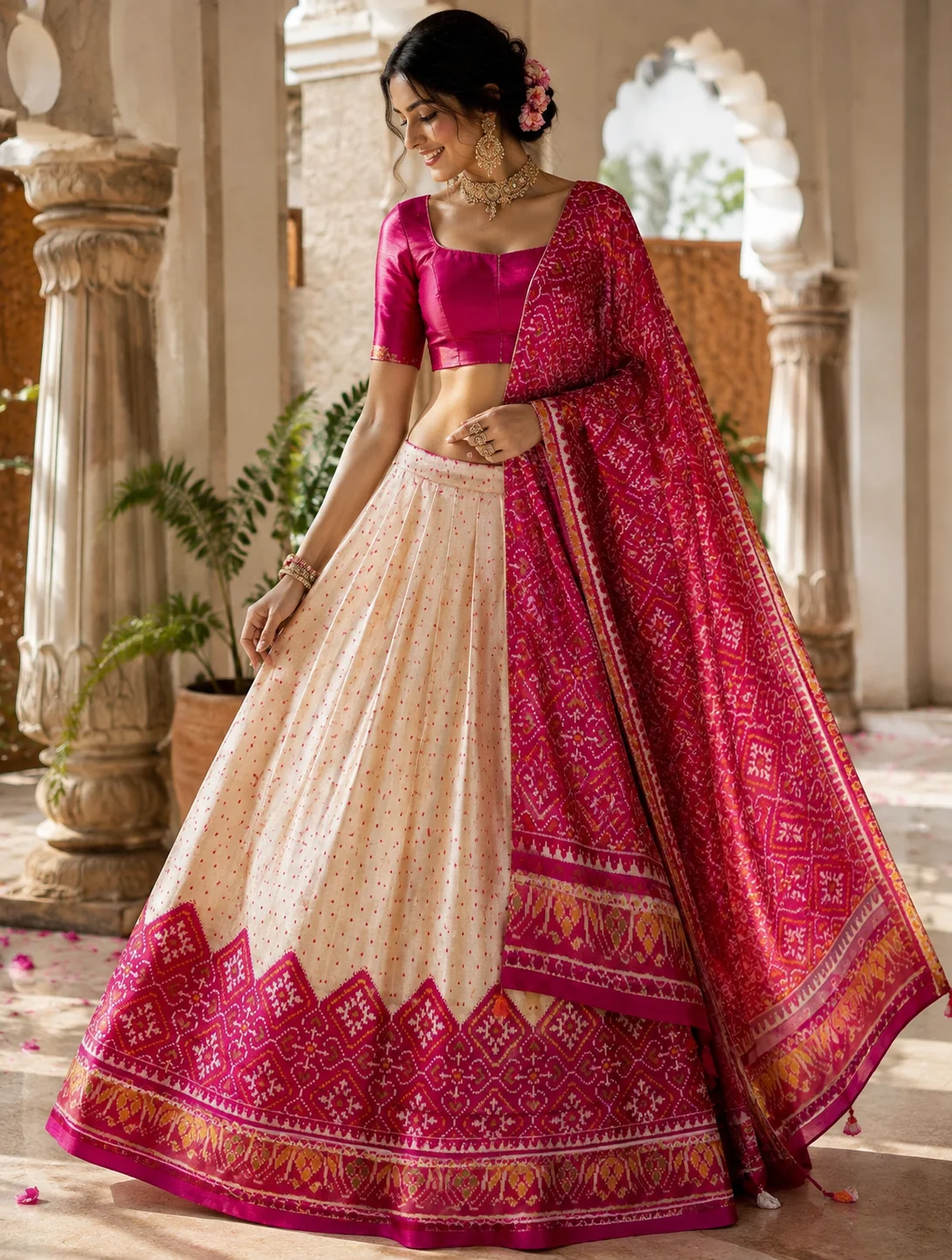 Pink & White Chandabhat Motifs Tissue Patola Chaniya Choli Set