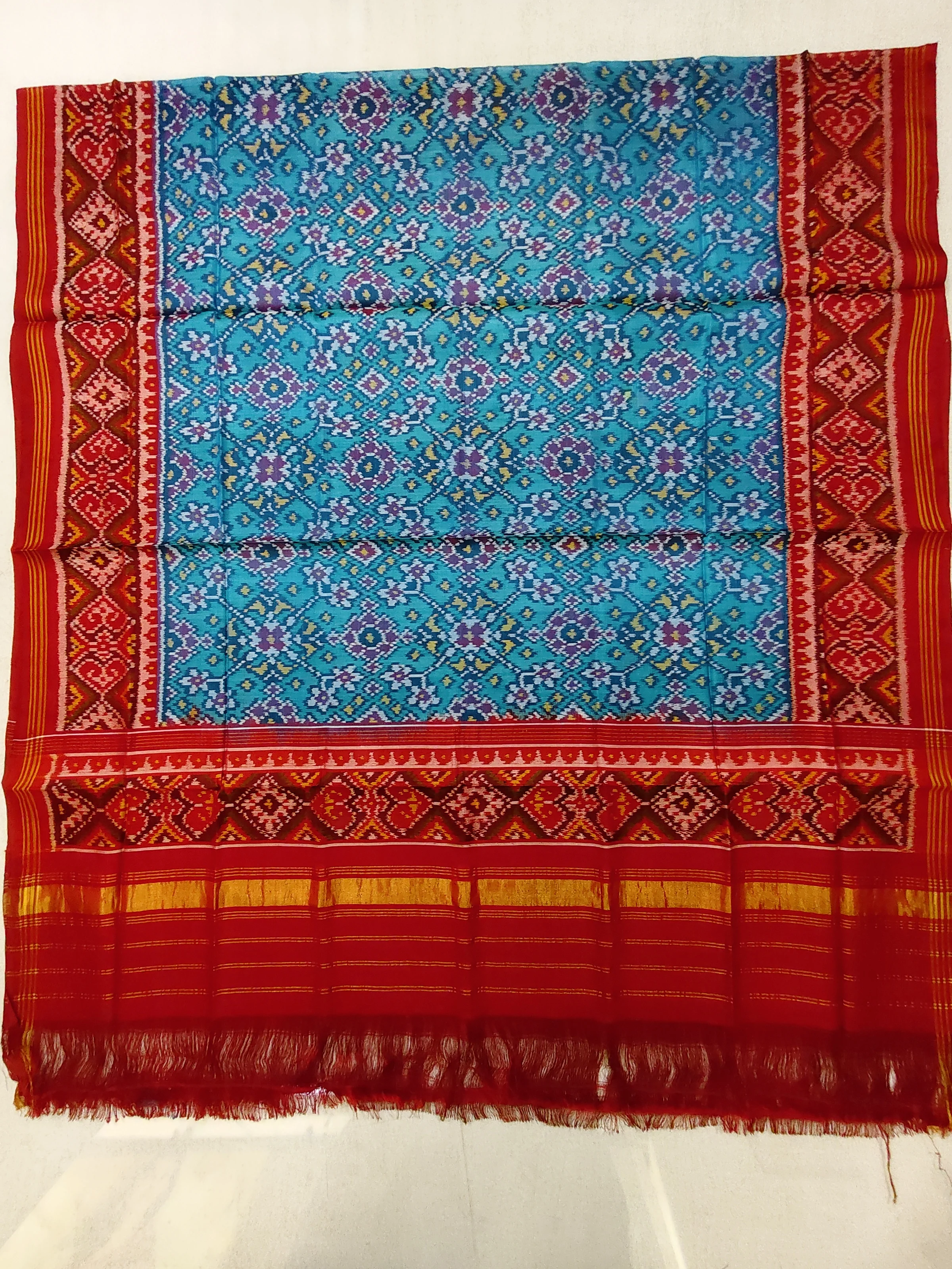 Red Dudhiya Selari Border Navratan Motifs Semi Ikat Dupatta for Chaniya Choli