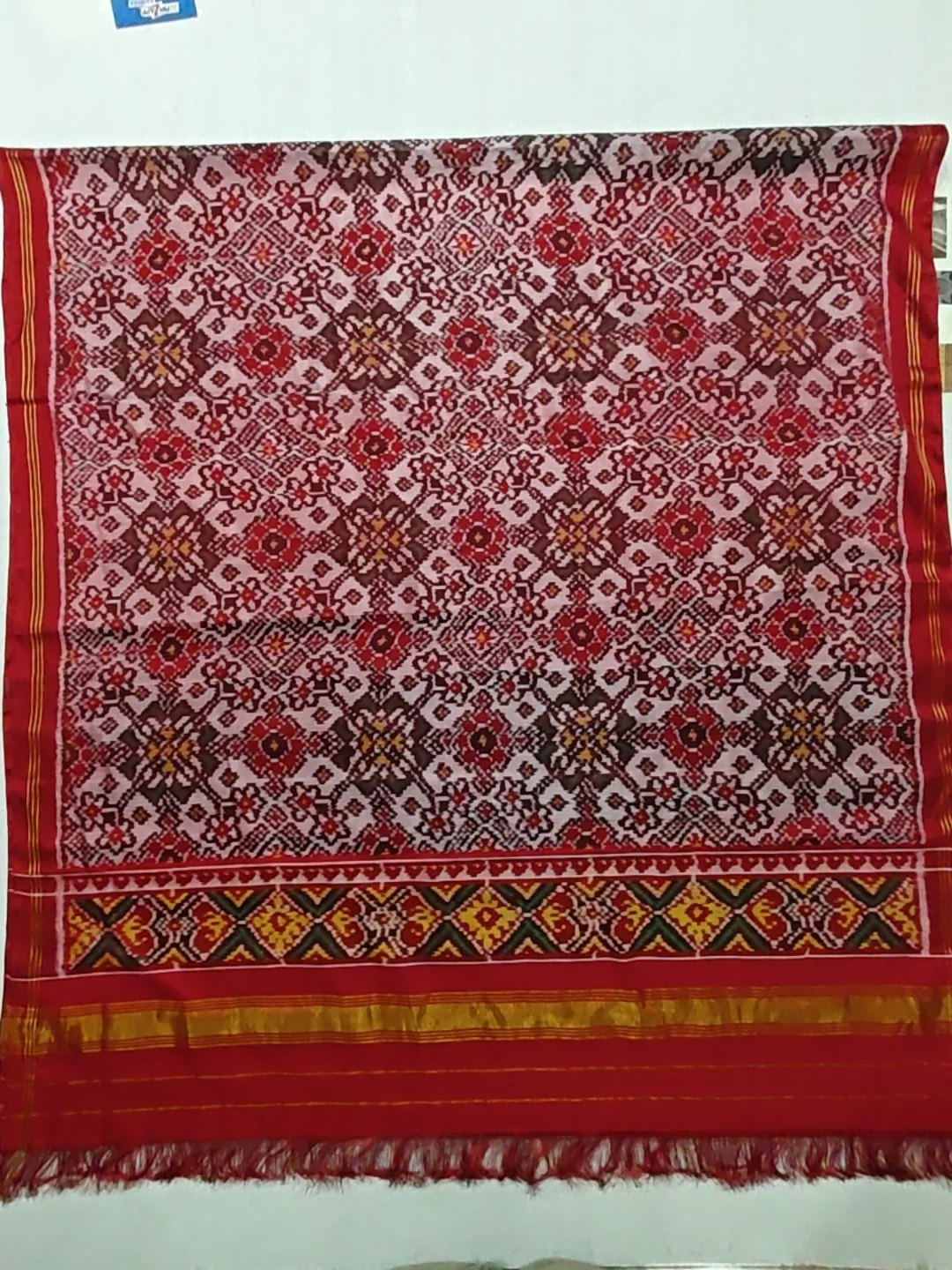 Red with White Navratan Motifs Single Ikat Chaniya Choli Dupatta 8 Ply Silk