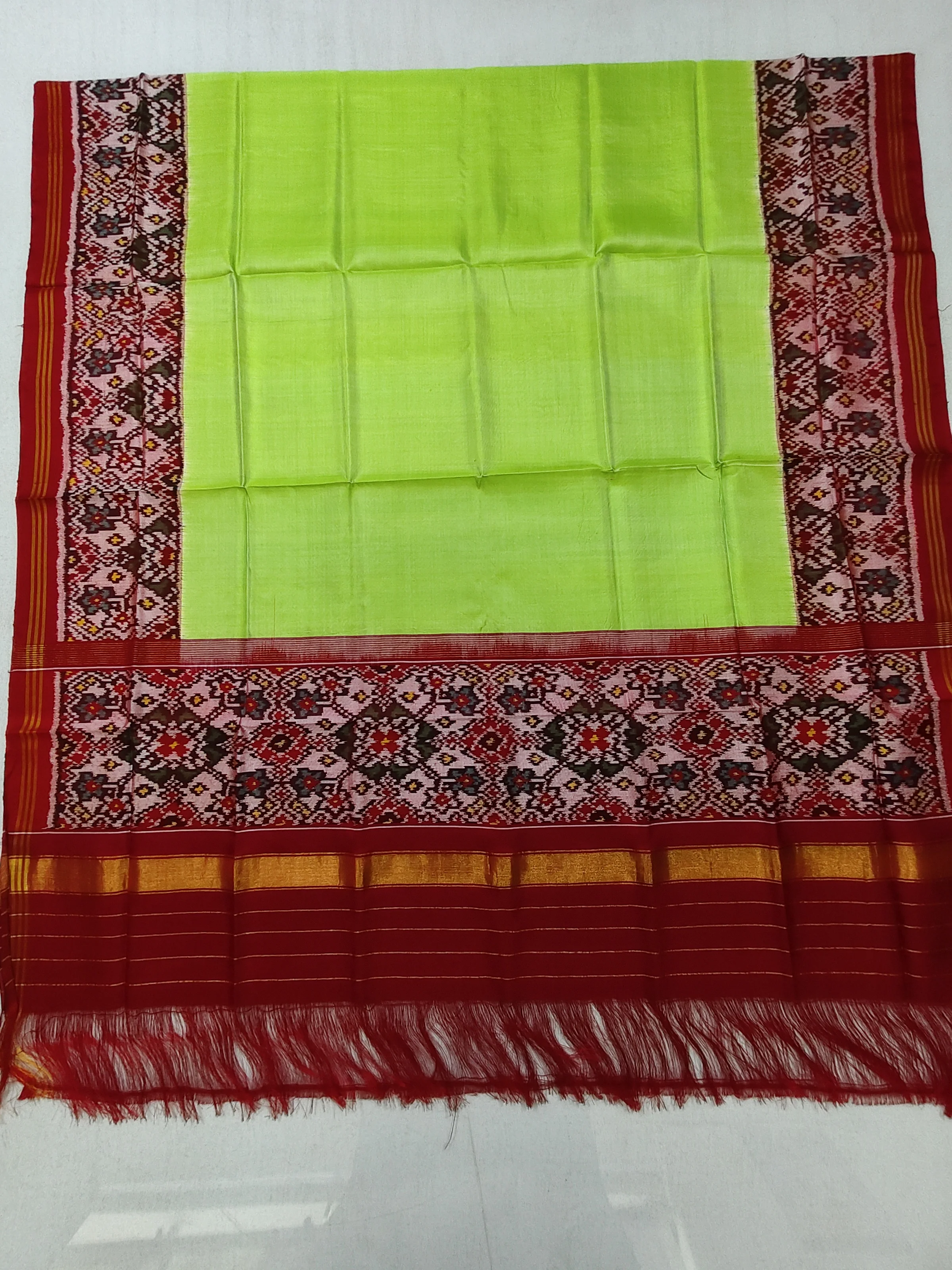 Red White Navratan Border Plain Pista Gala Semi Ikat Dupatta for Chaniya Choli