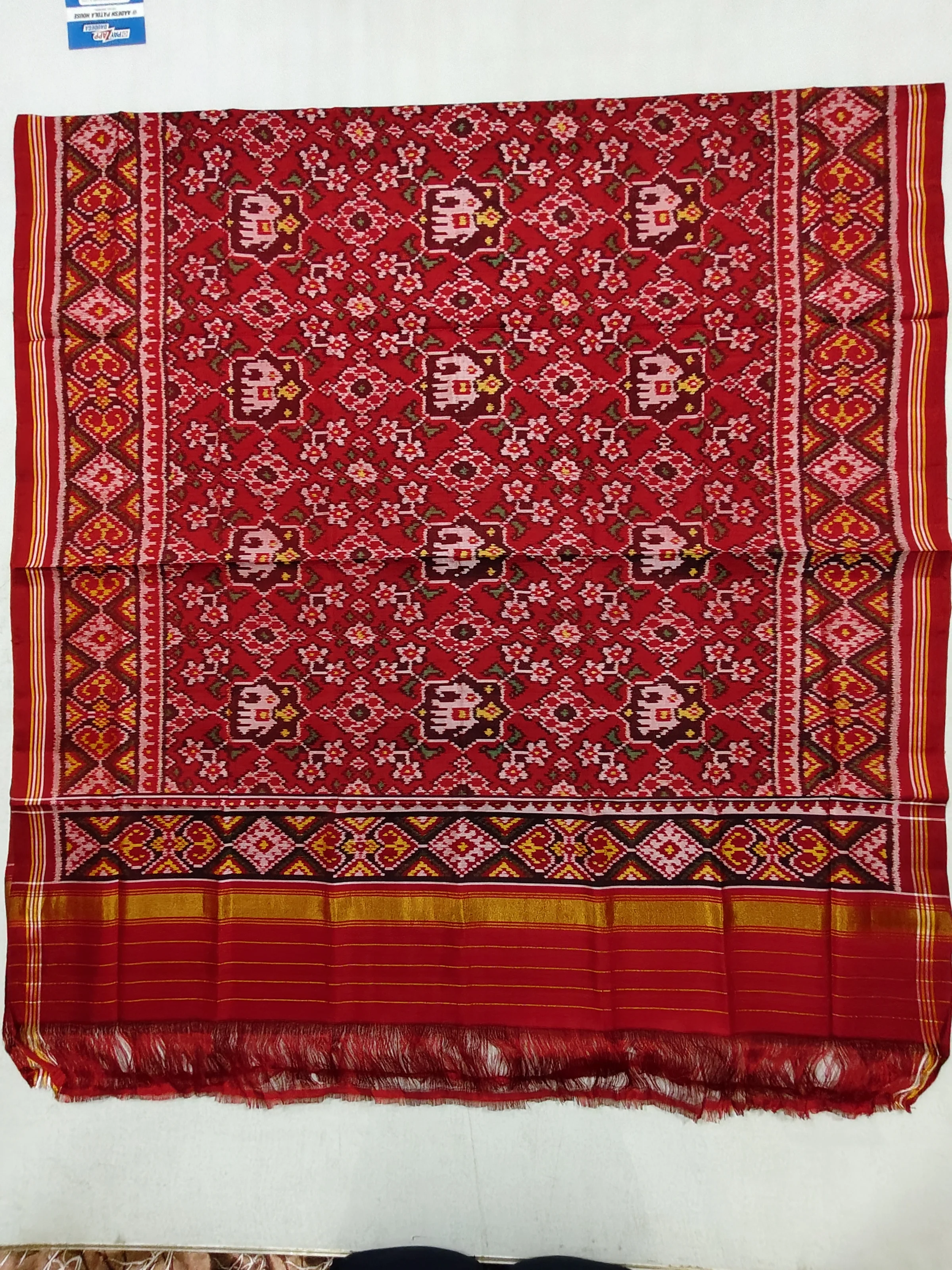 Red Selari Border Navratan Motifs Single Ikat Chaniya Choli Dupatta 8 Ply Silk
