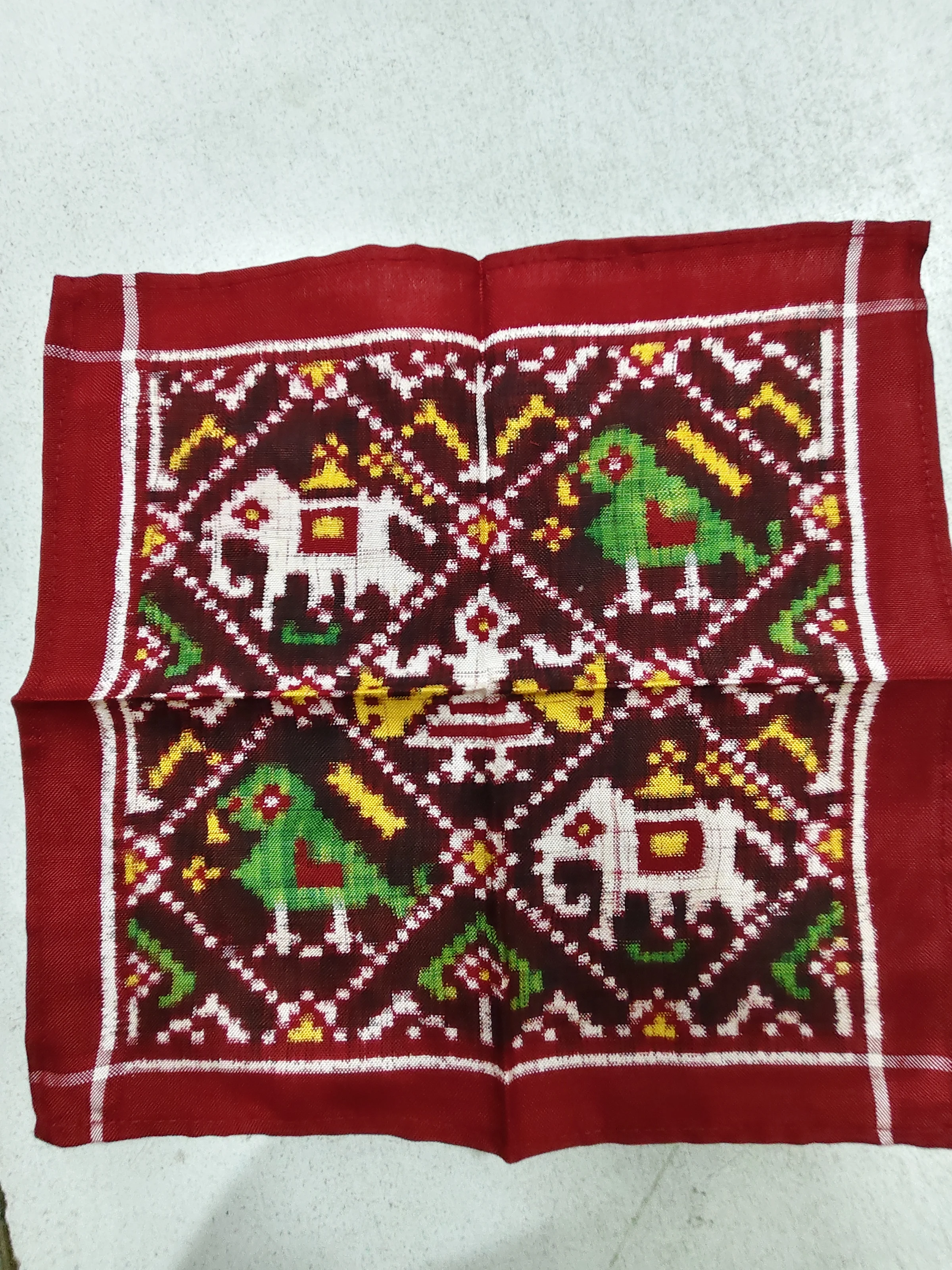 Red Brown Nanu Narikunj Motifs Double Ikat Puja Ramal 12 × 12 Inches