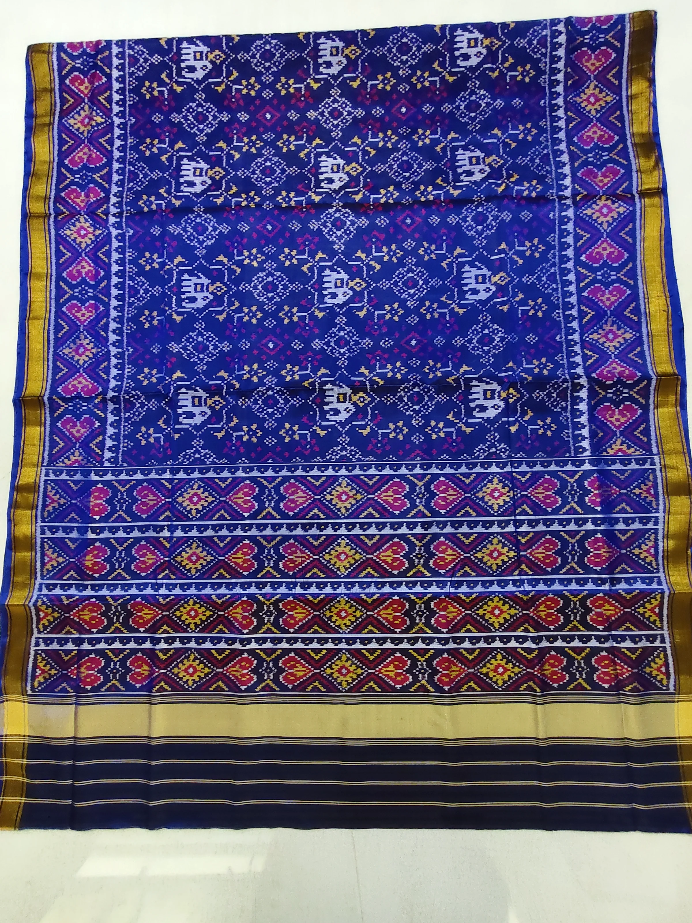 Blue Selari Border Navratan Elephant Motifs Single Ikat Patola Saree 6 Ply Silk