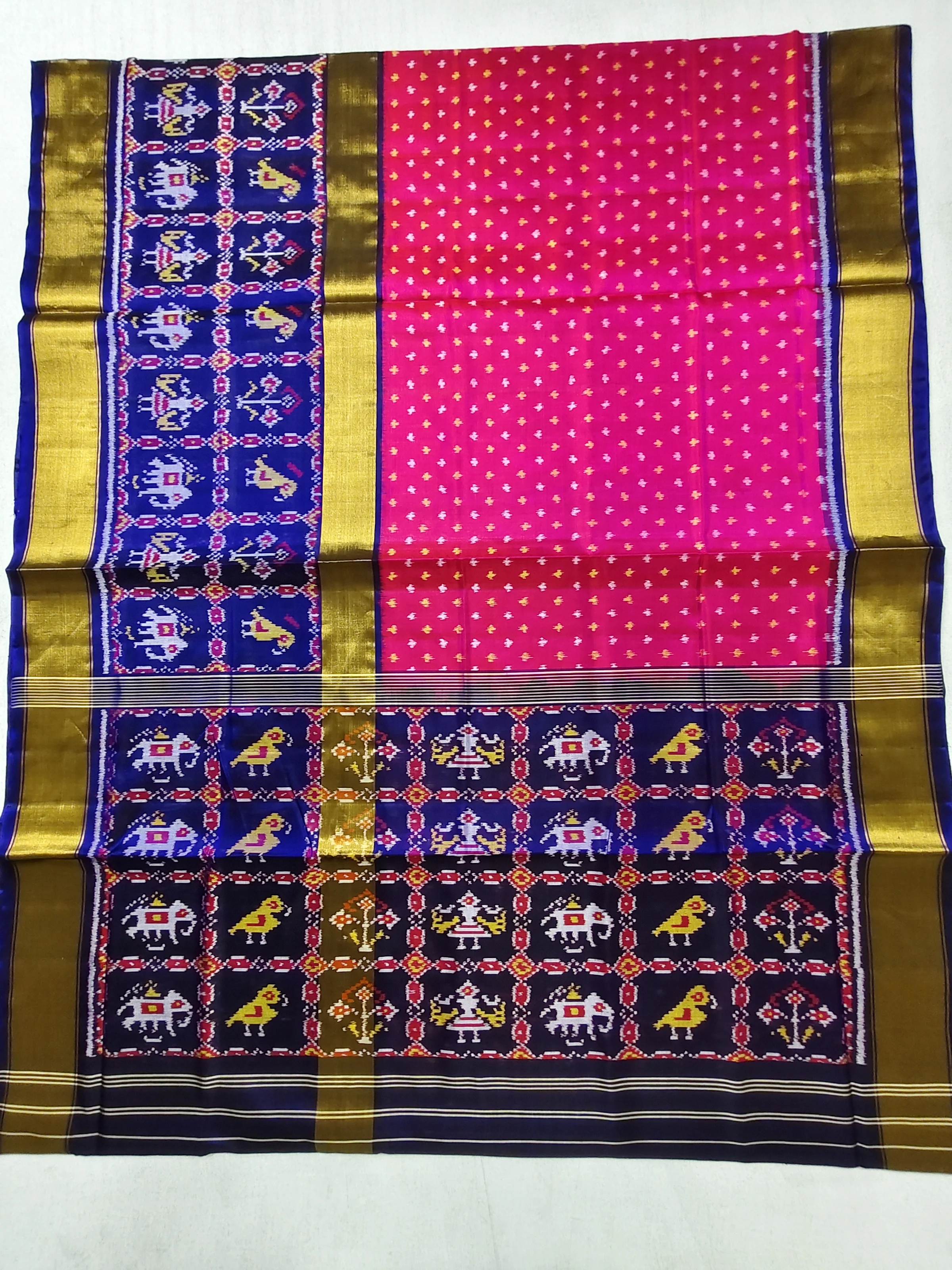 Blue Pink Skirt Patola Saree with Animal Motif Border and Pink Dots Skirt Design