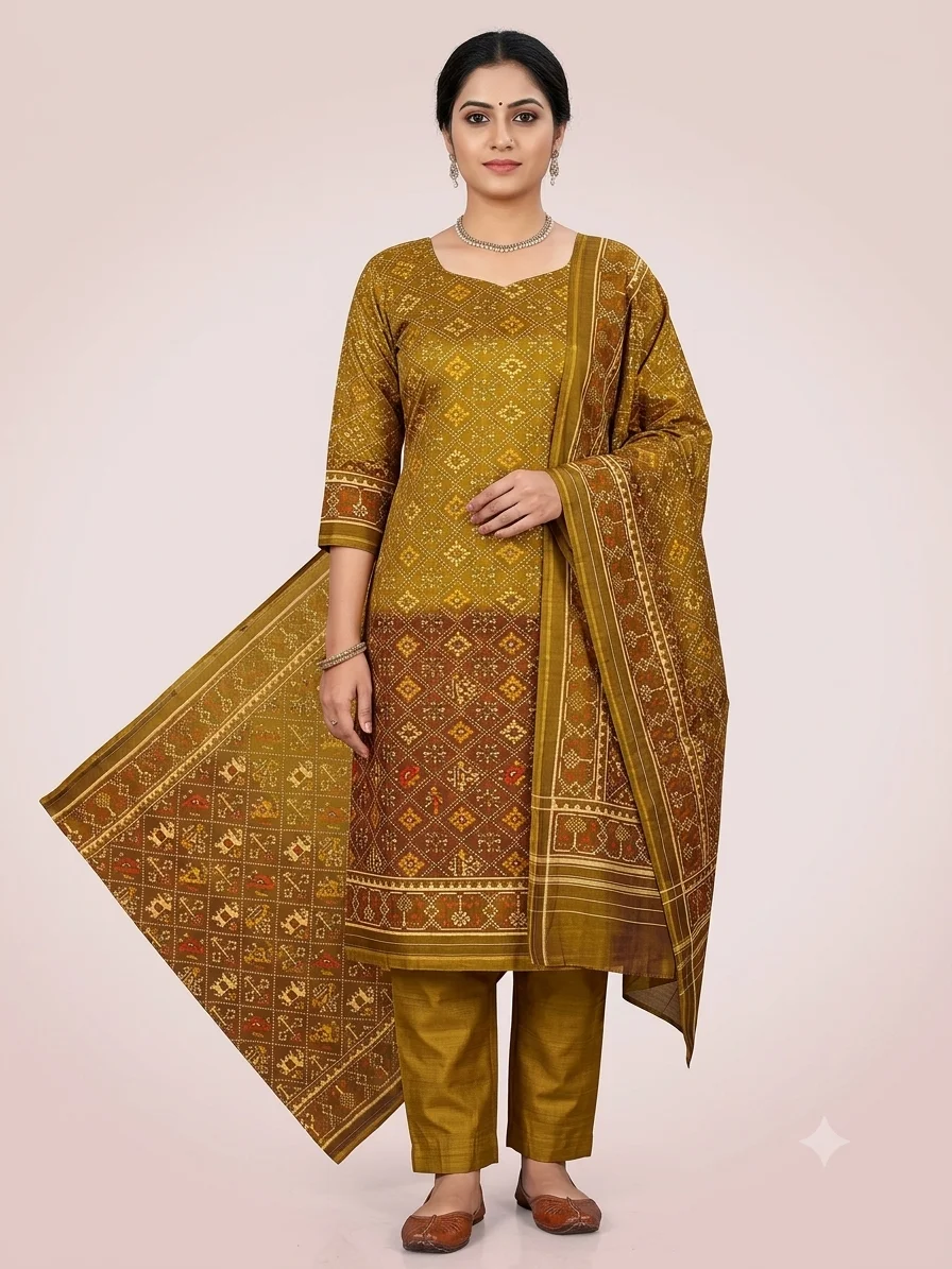 Dark Mehndi Single Ikat Patola Dress Material Set