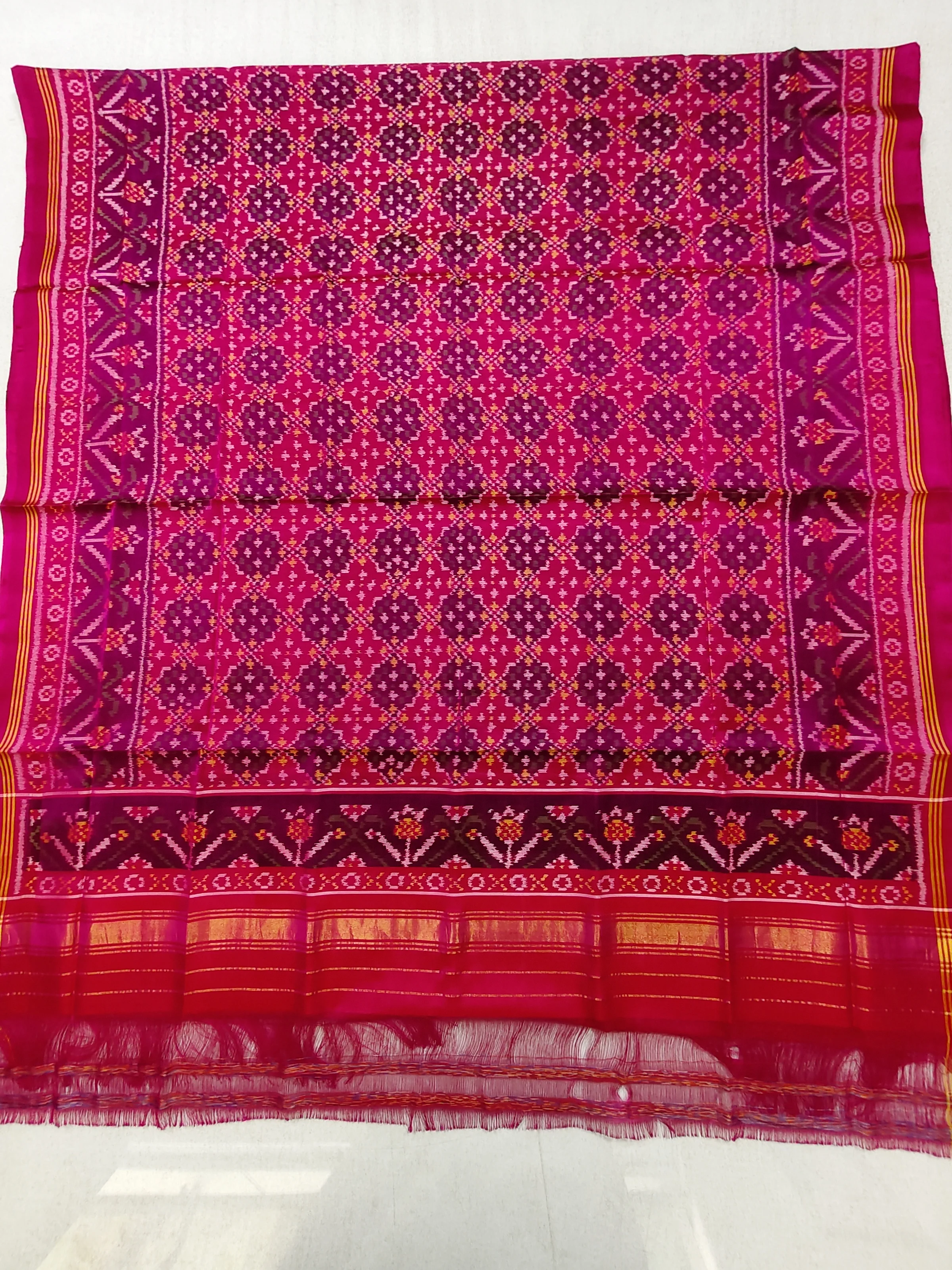 Pink Jad Border Buttonful Bhat Motifs Semi Ikat Dupatta for Chaniya Choli