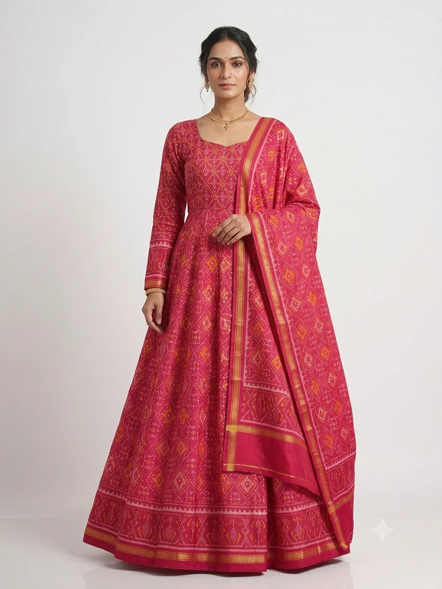 Pink Ghughra Border Chandabhat Motifs Single Ikat Dress Material Set