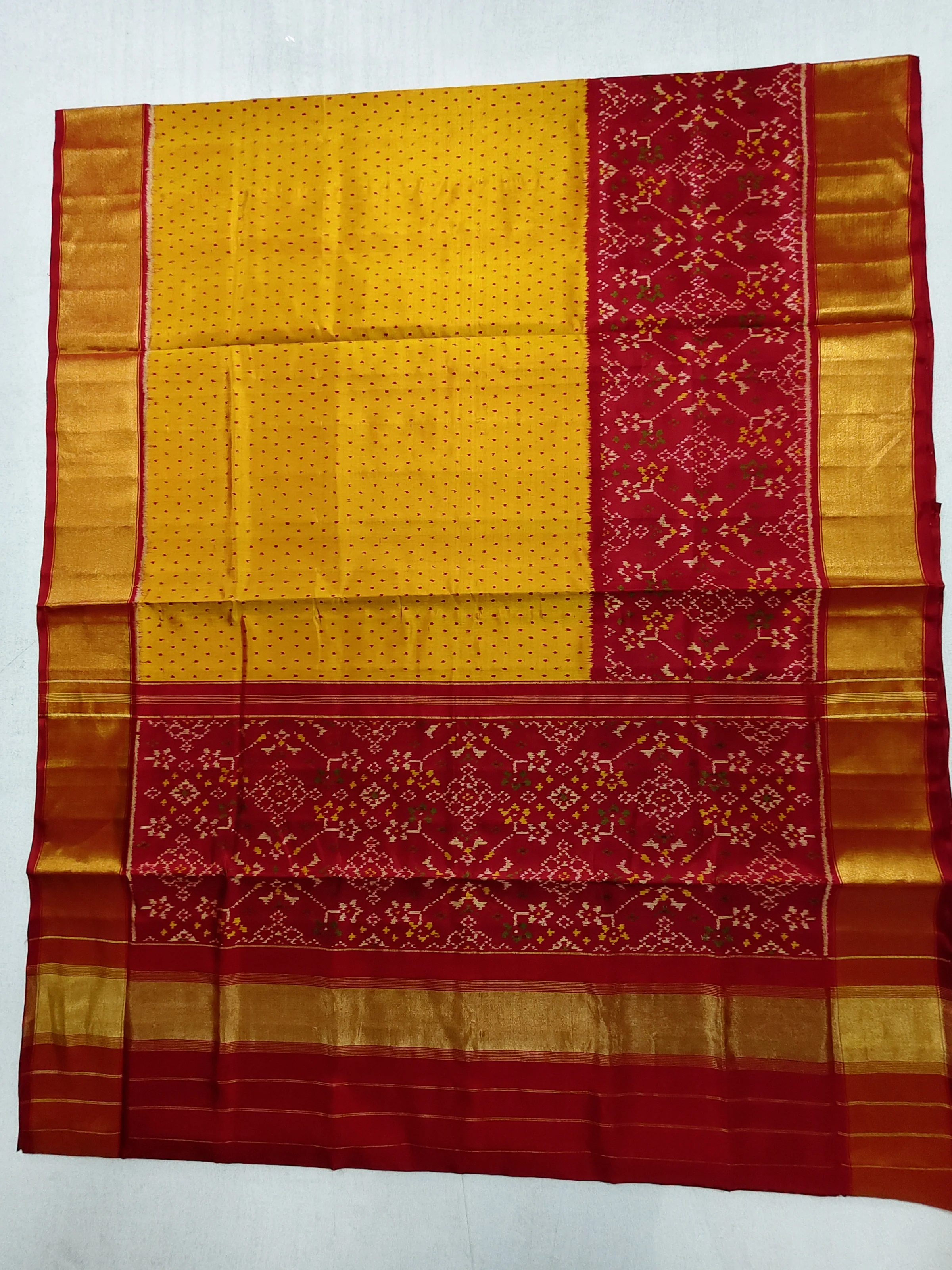 Red Yellow Tissue Border Skirt Navratan Motifs Single Ikat Patola Saree