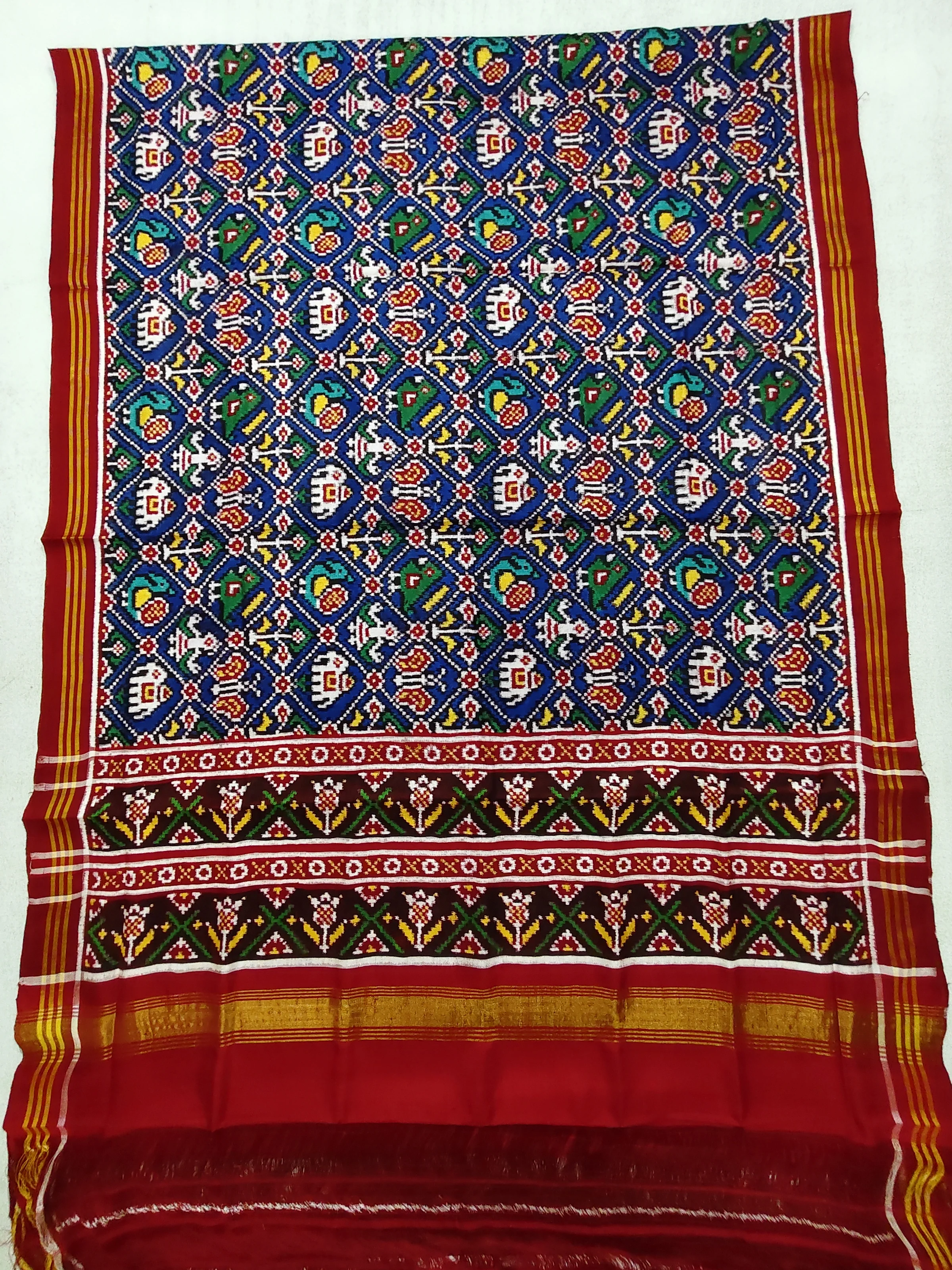 Red with Blue Nanu Narikunj Motifs Double Ikat Chaniya Choli Dupatta
