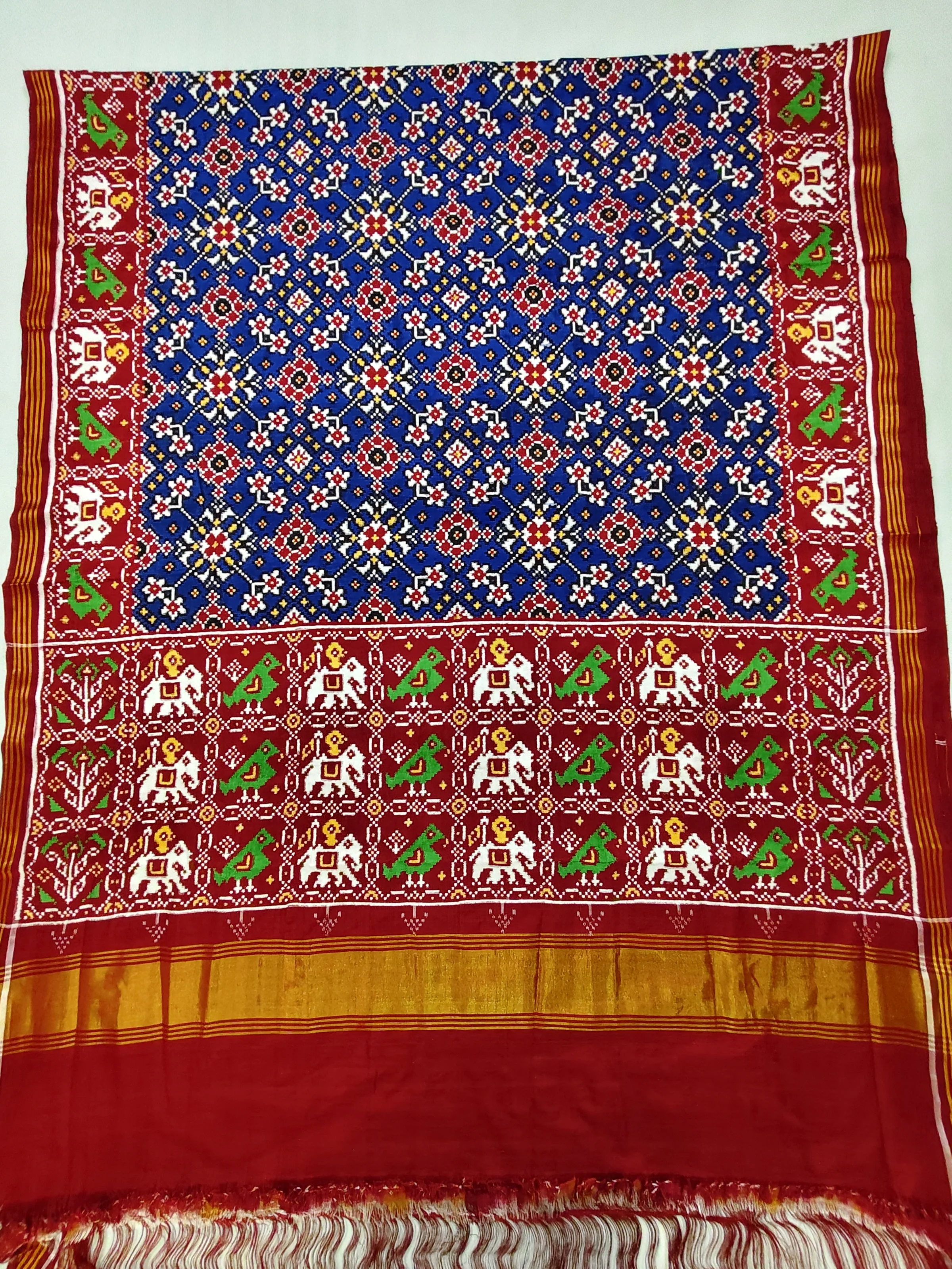 Red Elephant Parrot Border Motifs Blue Navratan Motifs Double Ikat Patola Saree