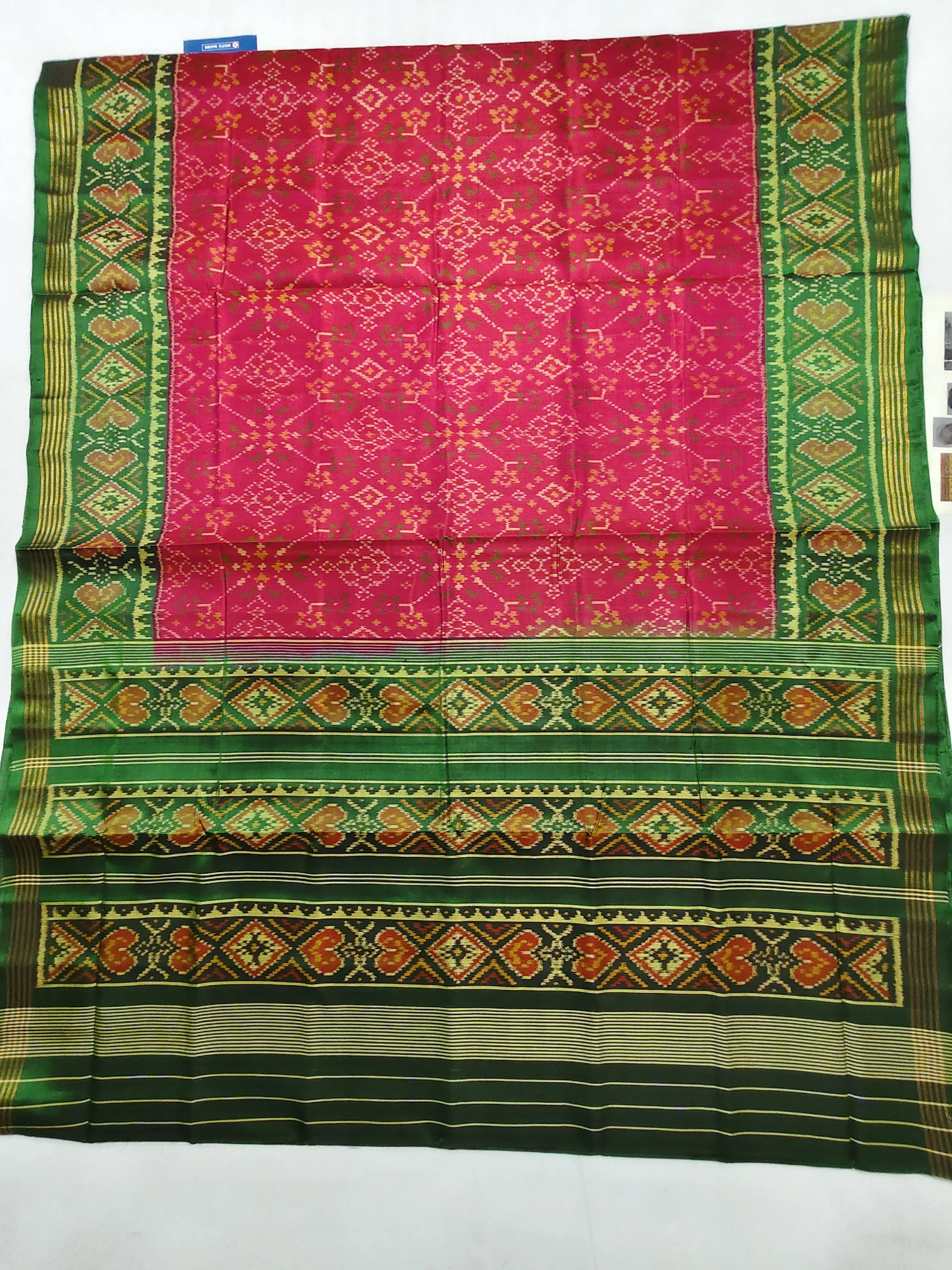 Green Selari Border Pink Navratan Motifs Single Ikat Patola Saree 6 Ply Silk
