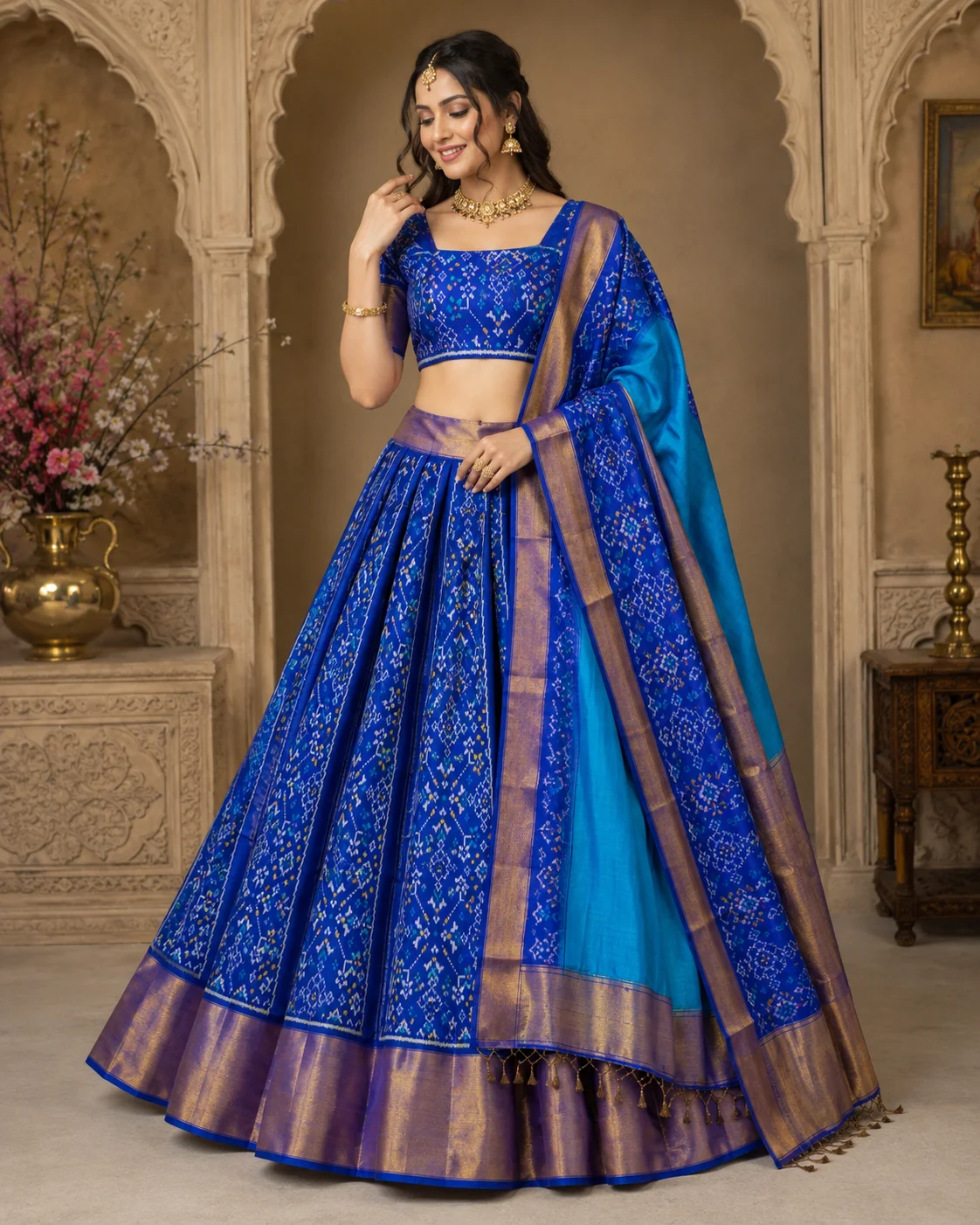 Blue Navratan Motifs Kali Chaniya Choli Set with Blue Morpich Dupatta – Single Ikat 6 Ply Silk