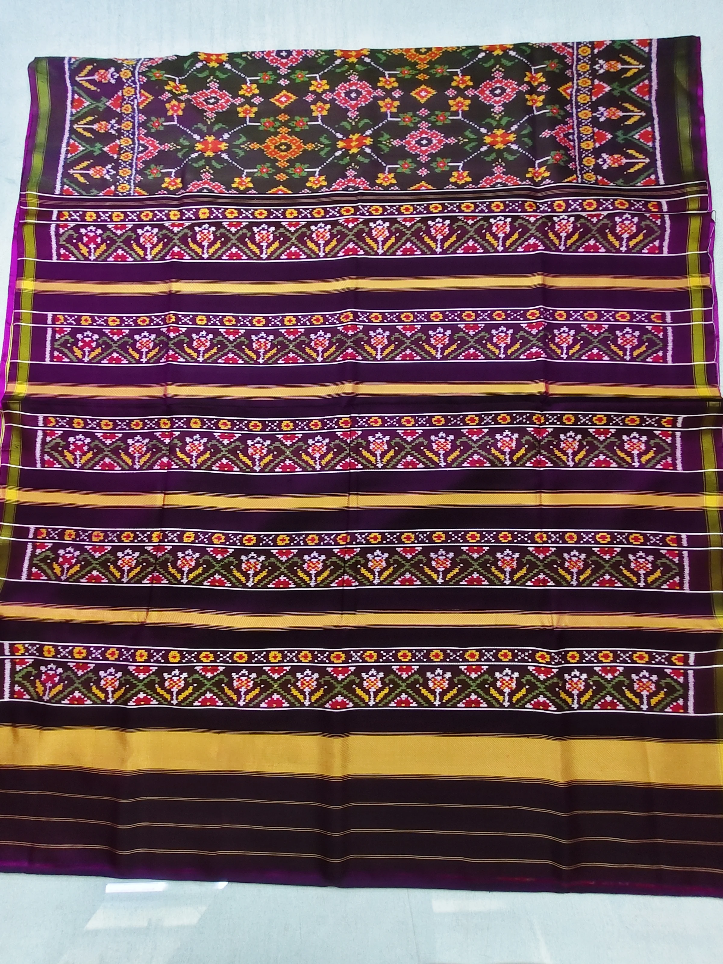 Wine Colour Jad Border Navratan Motifs Twill Ikat Patola Saree