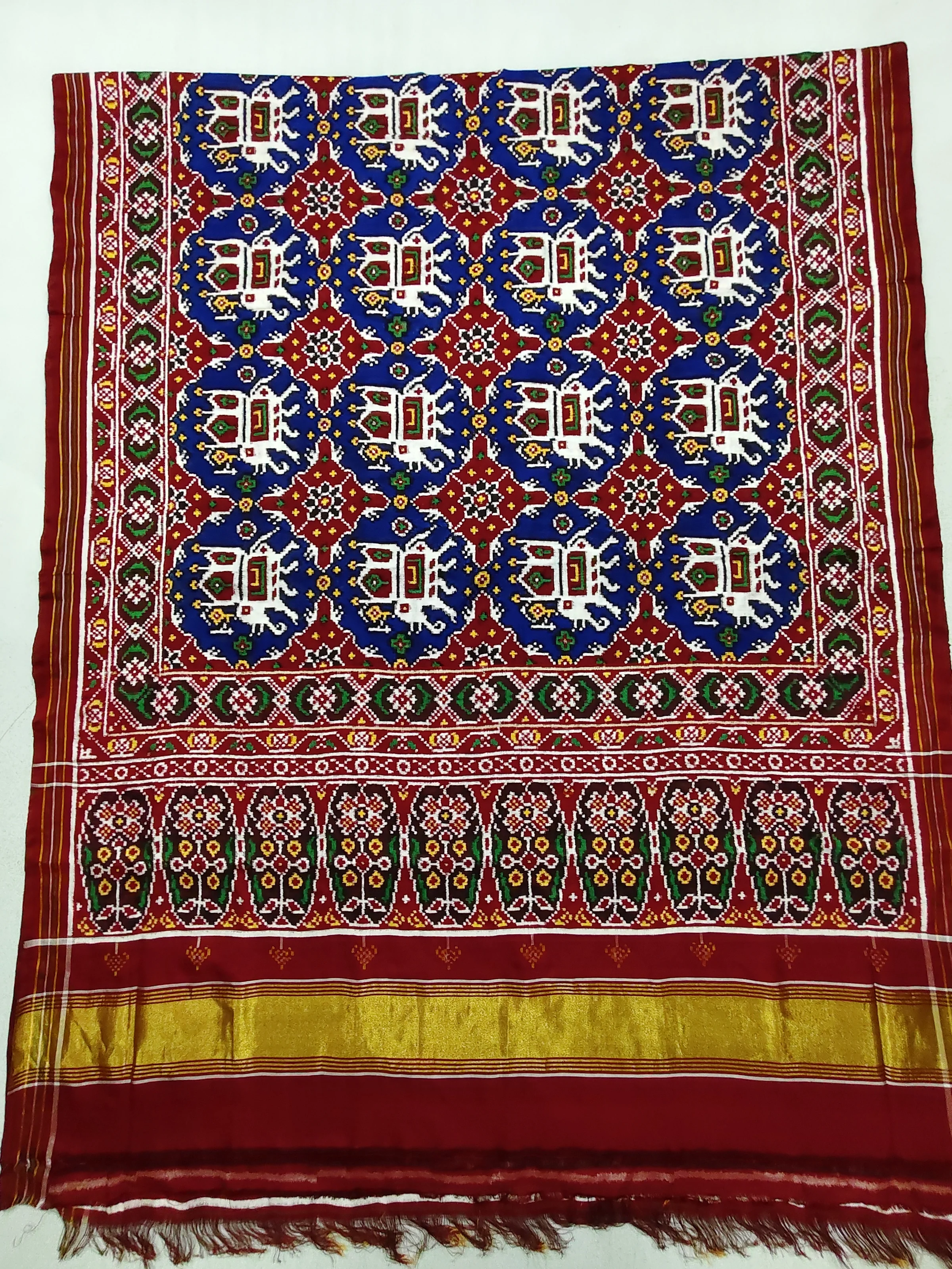 Red Rudraksh Border Blue Chabdi Elephant Motifs Double Ikat Patola Saree