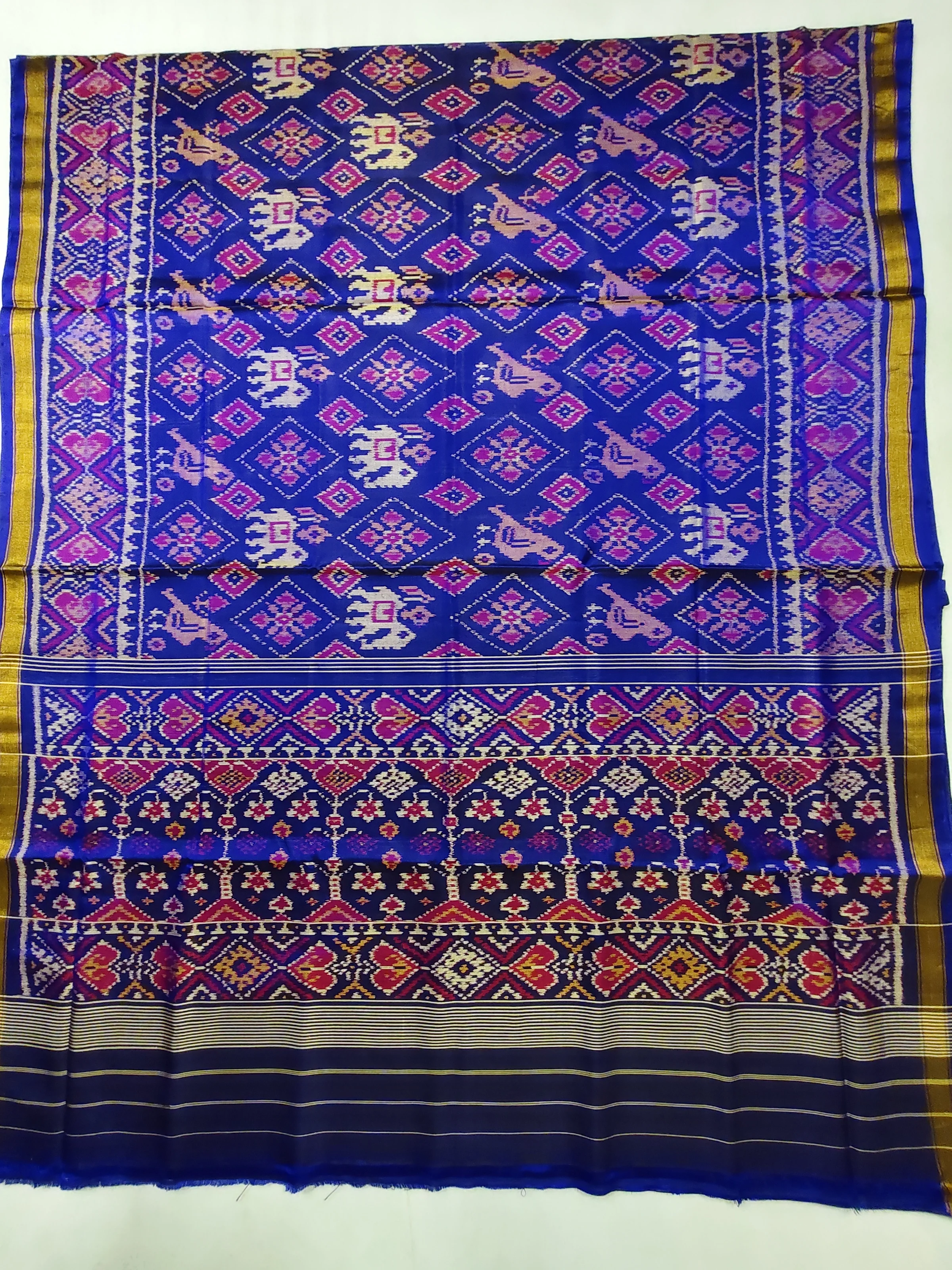 Blue Selari Border Tulsi Pallu Chanda Elephant Motifs Single Ikat Patola Saree with Blouse Piece (6 Ply Silk)