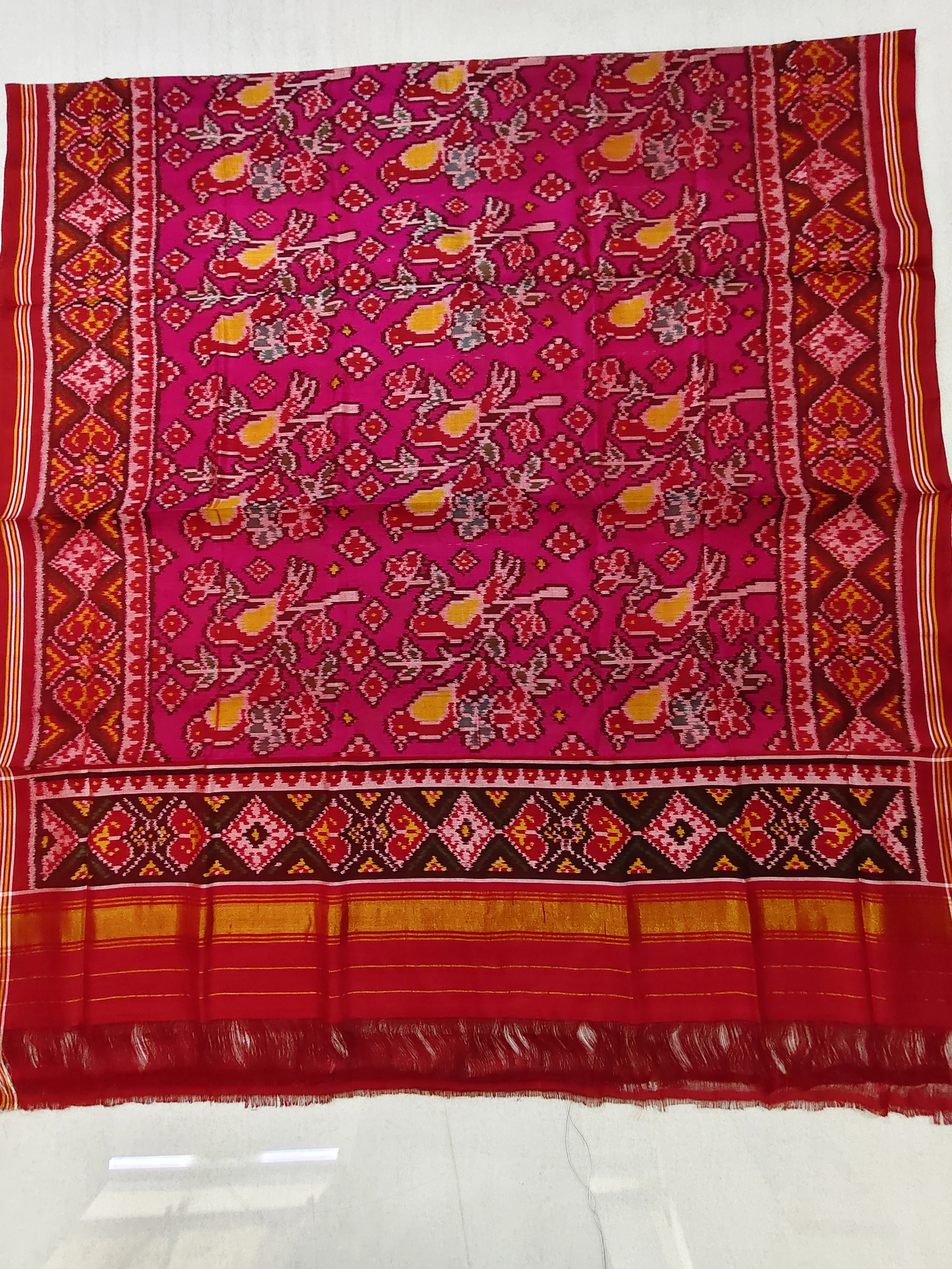 Red Pink Gajari Animal Tree Motifs Single Ikat Dupatta for Chaniya Choli