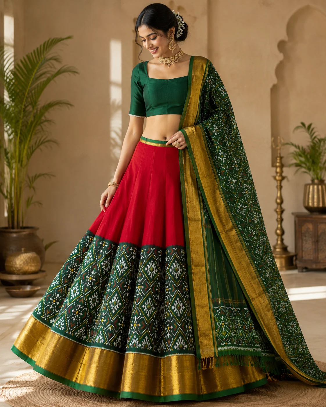 Green Red Chandabhat Motifs Single Ikat Chaniya Choli Set 6 Ply Silk