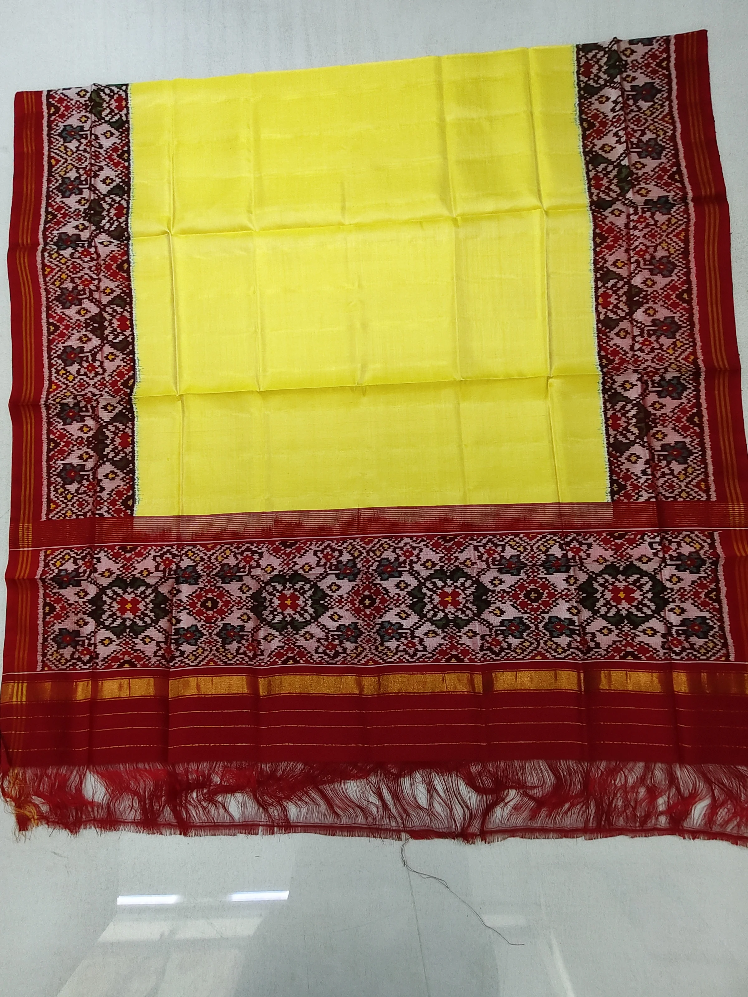 White Navratan Border Galo Yellow Plain Semi Ikat Dupatta for Chaniya Choli