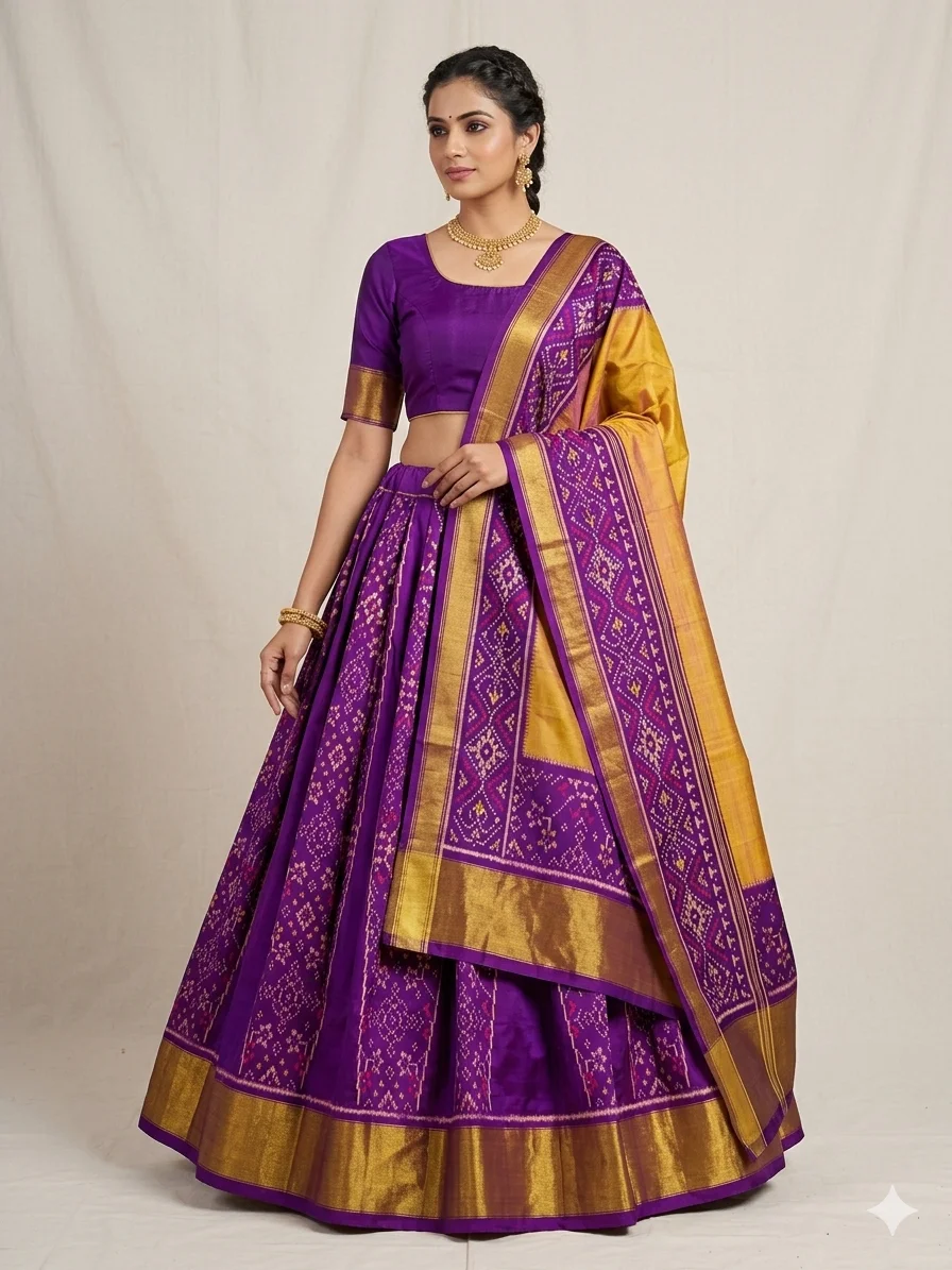Purple Navratan Kali Chaniya Choli Material with Yellow Gala Navratan Dupatta and Plain Blouse Piece