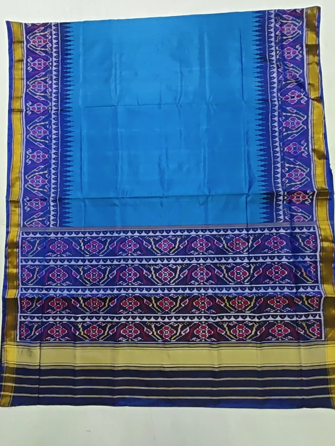 Blue Triful Border Plain Morpich Galo Single Ikat Patola Saree 6 Ply Silk