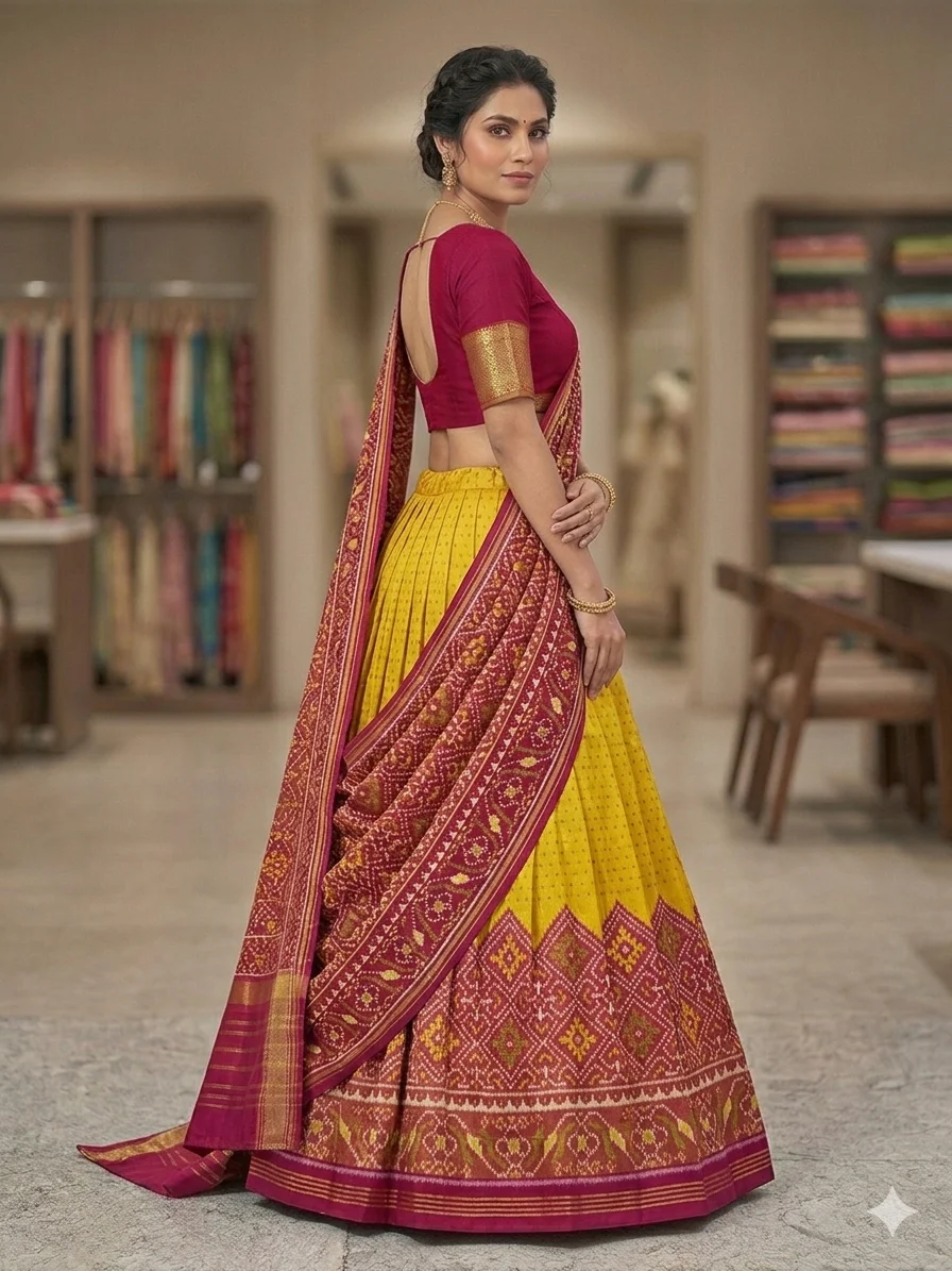 Red Yellow Tissue Chaniya Choli Material with Chandabhat Skirt Design and Plain Tissue Blouse Piece