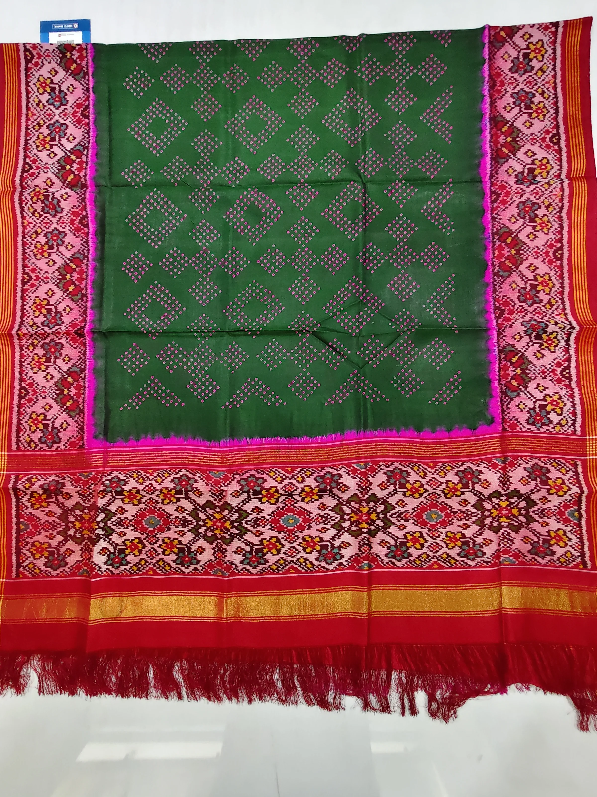 Red & Bottle Green Bandhej Patola Single Ikat Chaniya Choli Dupatta 8 Ply Silk