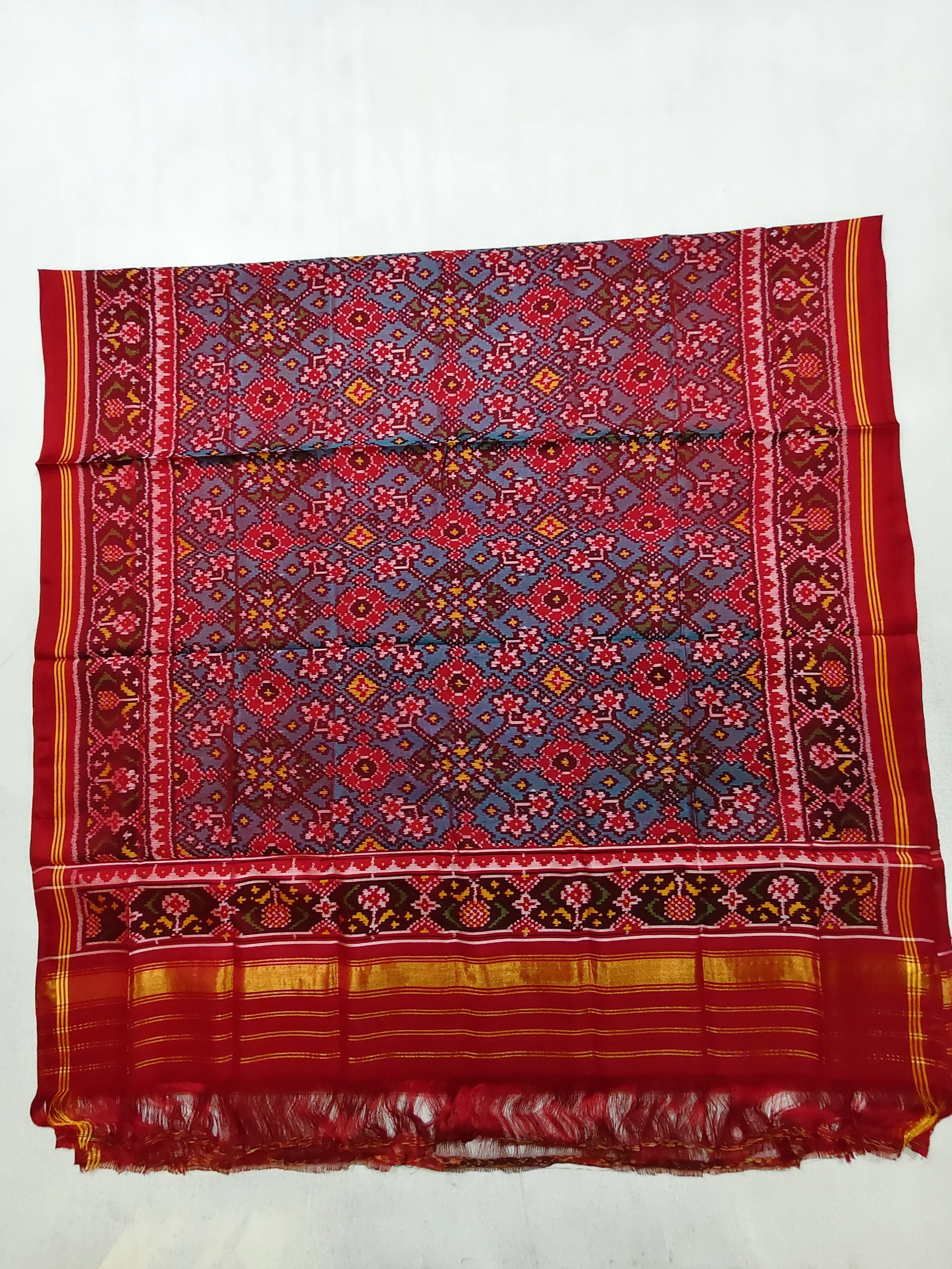 Red Ghughra Border Morpich Navratan Motifs Chaniya Choli Dupatta Single Ikat 8 Ply Silk