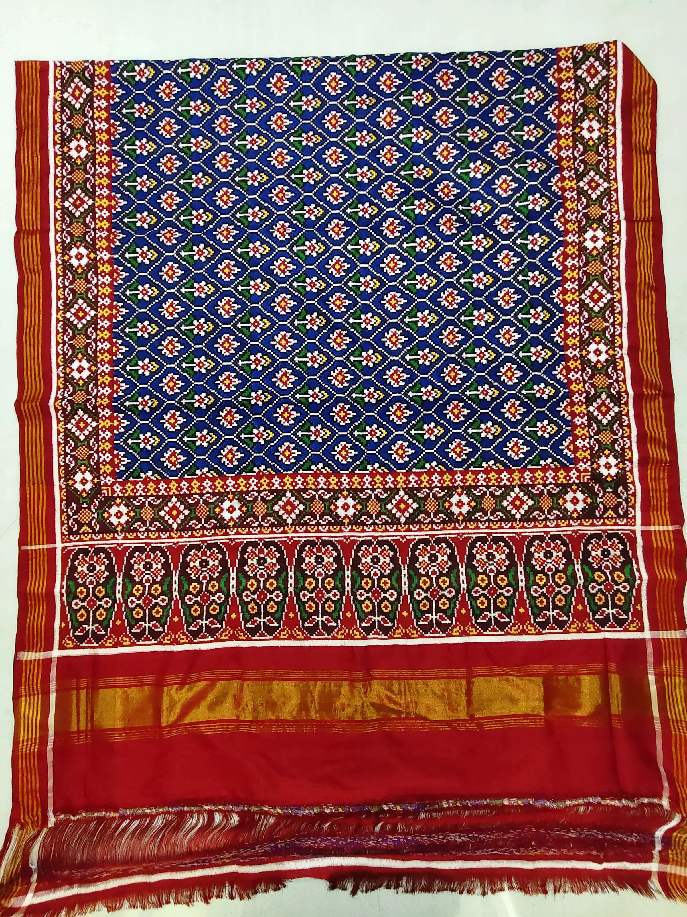 Red Rudraksh Border Blue Dadam Bhat Motifs Double Ikat Patola Saree
