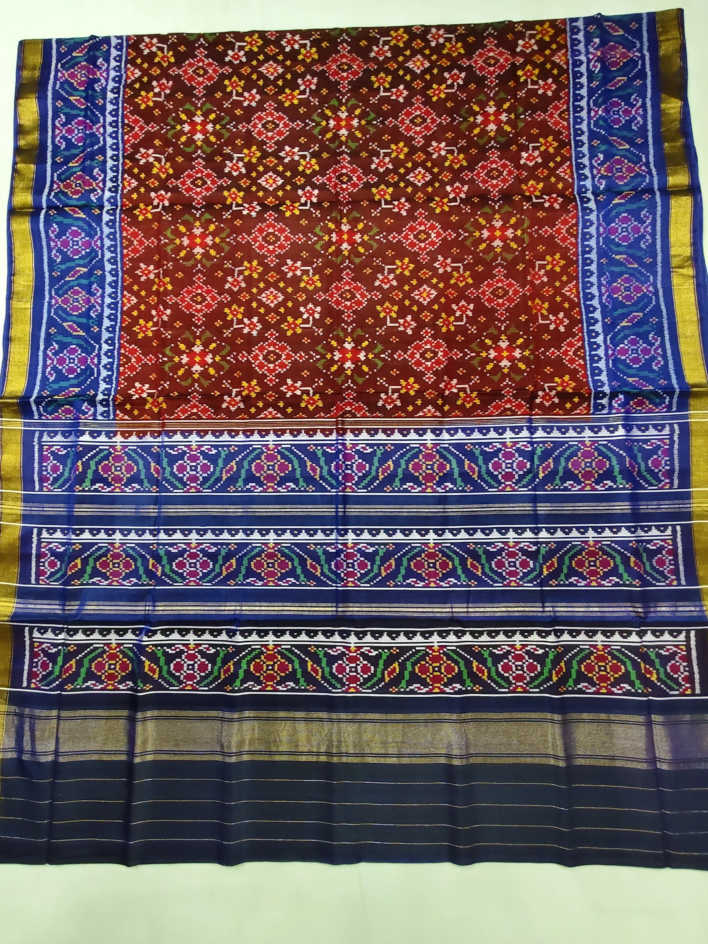 Blue Triful Border Brown Navratan Motifs Single Ikat Patola Saree with Blouse Piece (6 Ply Silk)