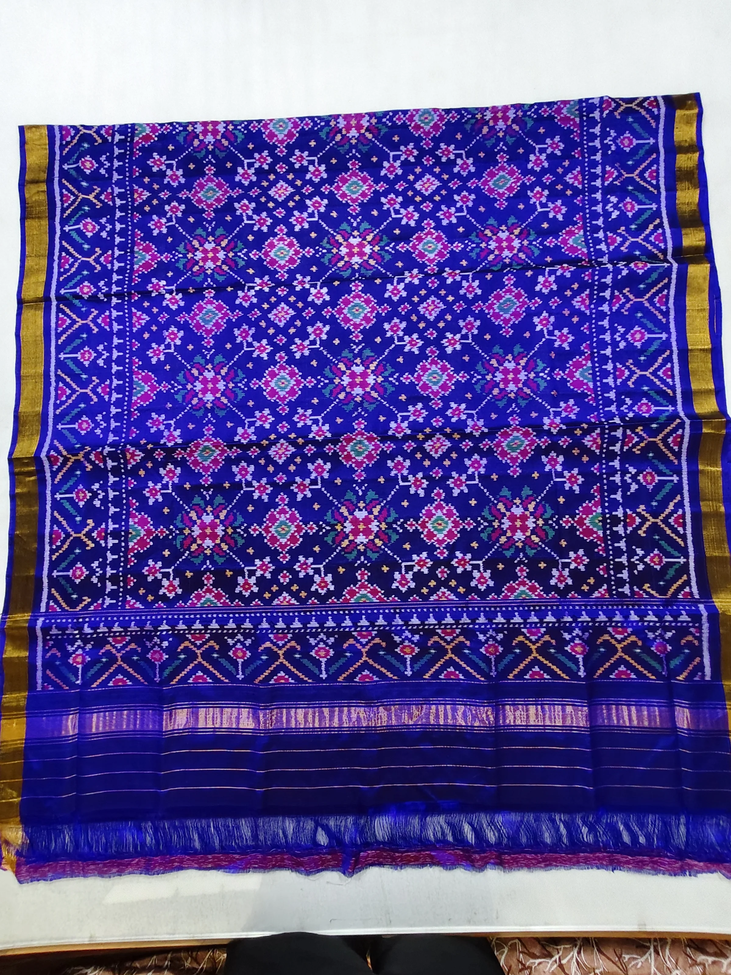 Blue Jad Border Navratan Motifs Chaniya Choli Dupatta Single Ikat 8 Ply Silk