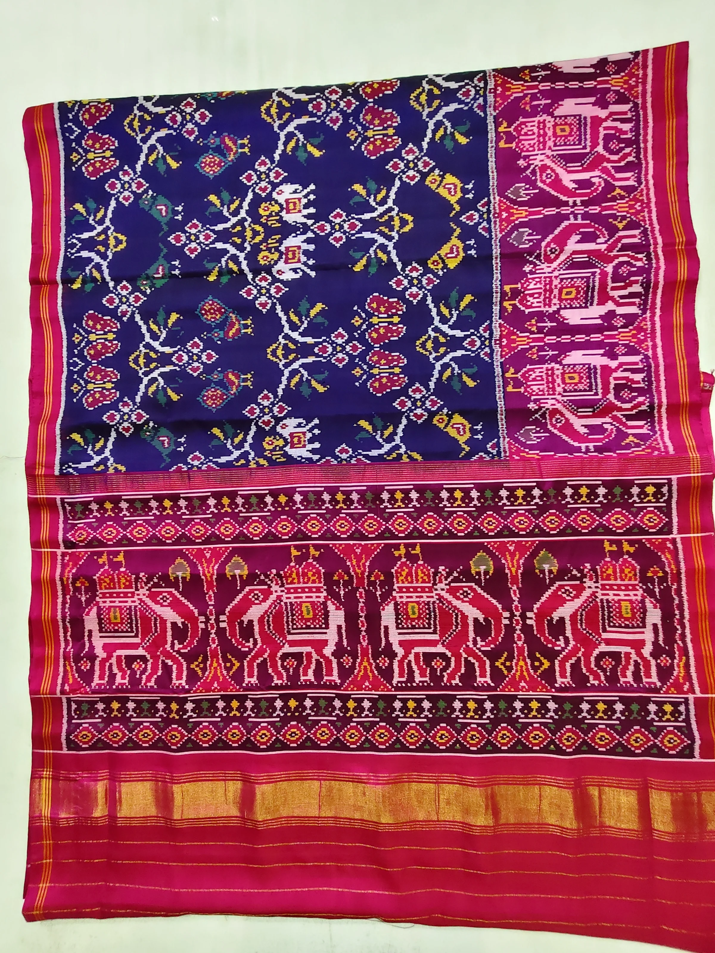 Pink Skirt Elephant Motifs with Blue Fancy Motifs Single Ikat Patola Saree