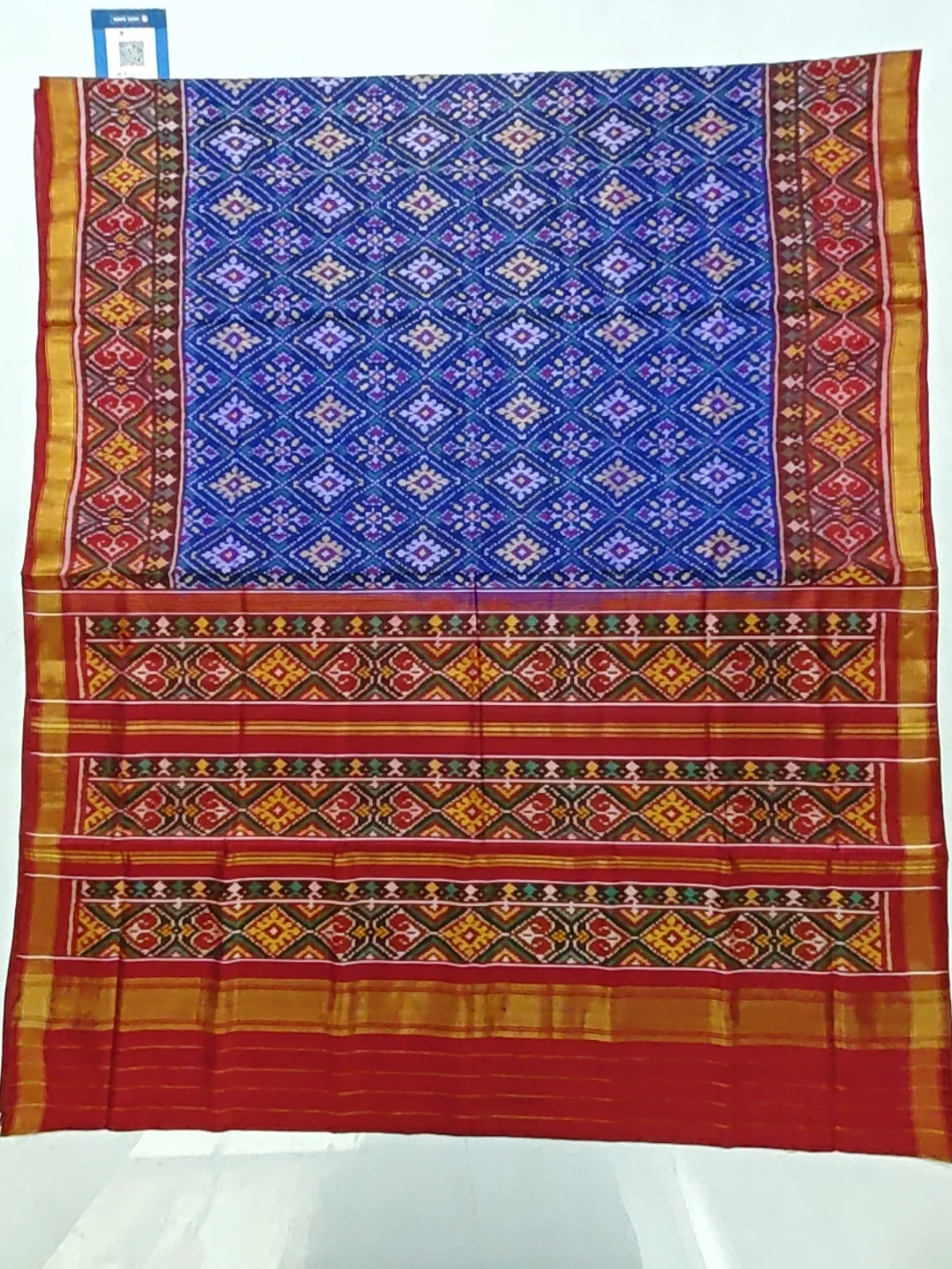 Red Selari Border Blue Chandabhat Motifs Single Ikat Patola Saree 6 Ply Silk
