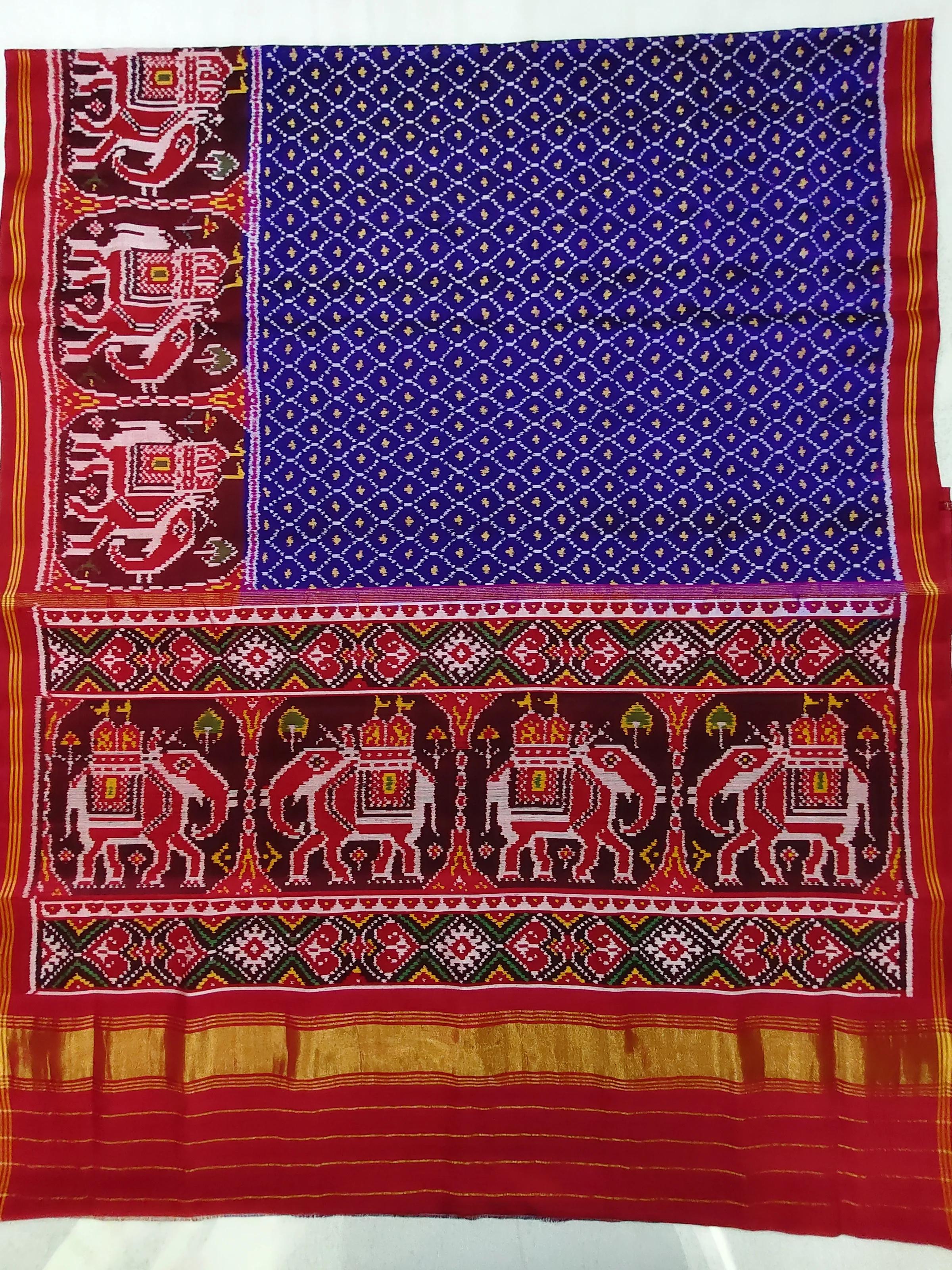 Red Blue Skirt Elephant Motifs with Daliya Bhat Motifs Single Ikat Patola Saree with Blouse Piece (8 Ply Silk)