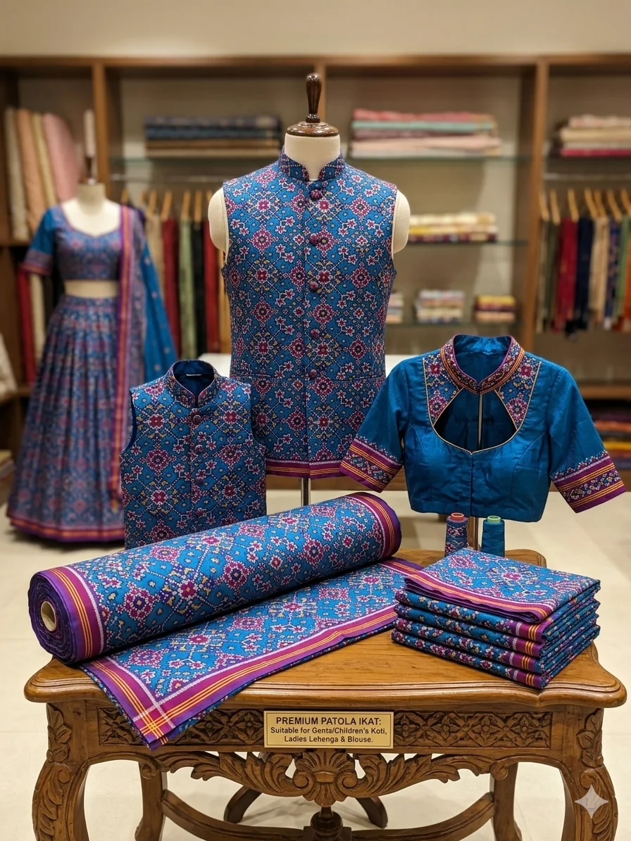 Royal Blue Pink Semi Ikat Navratan Motifs Multiuse Fabric Material – 10.10 Meter Length