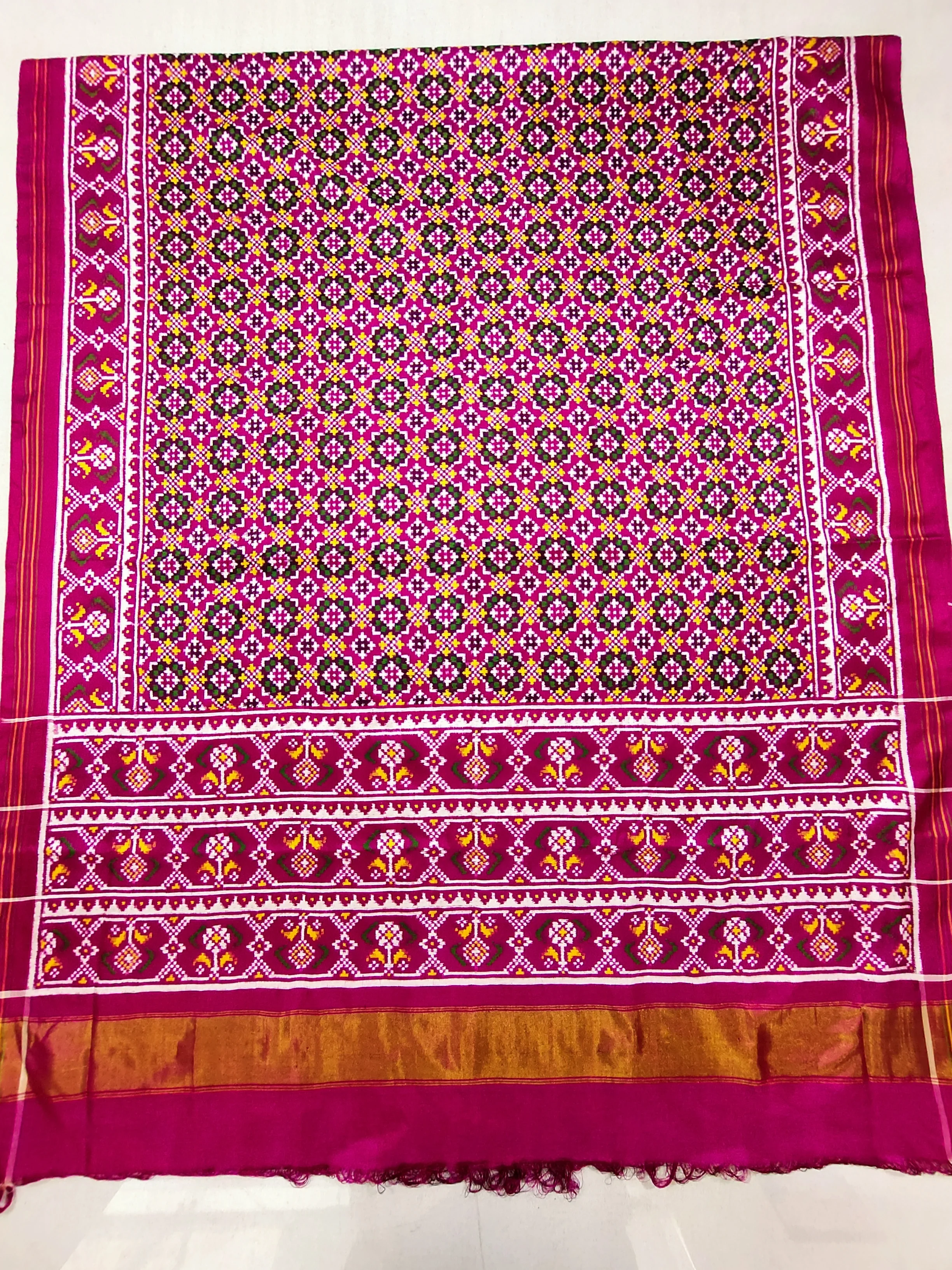 Double Ikat Patola Saree – Pink | Buttonful Bhat Border | Ghughra Motifs