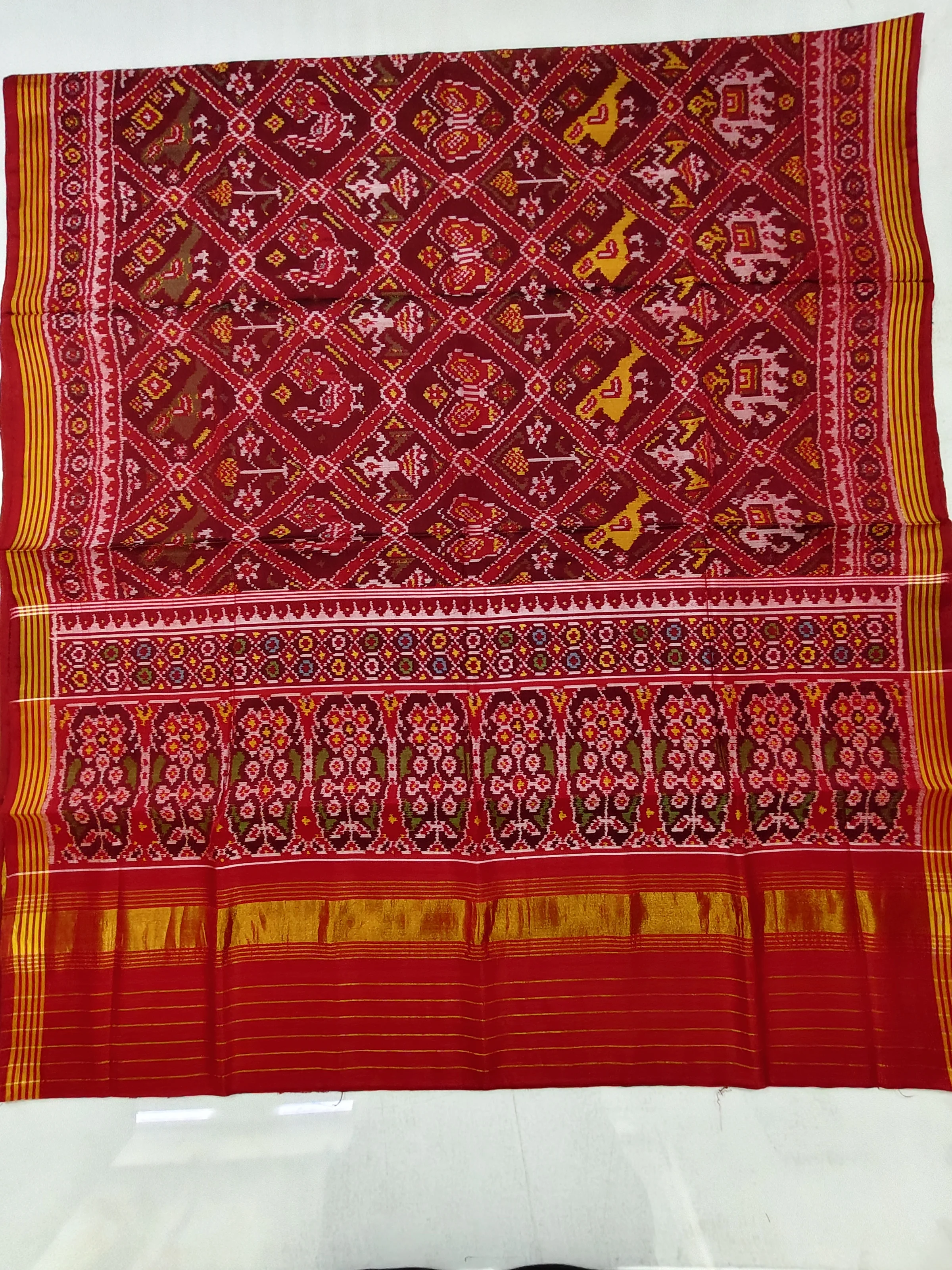 Red Coffee Jansi Border Motu Narikunj Brown Tulsi Pallu Single Ikat Patola Saree with Blouse Piece (8 Ply Silk)