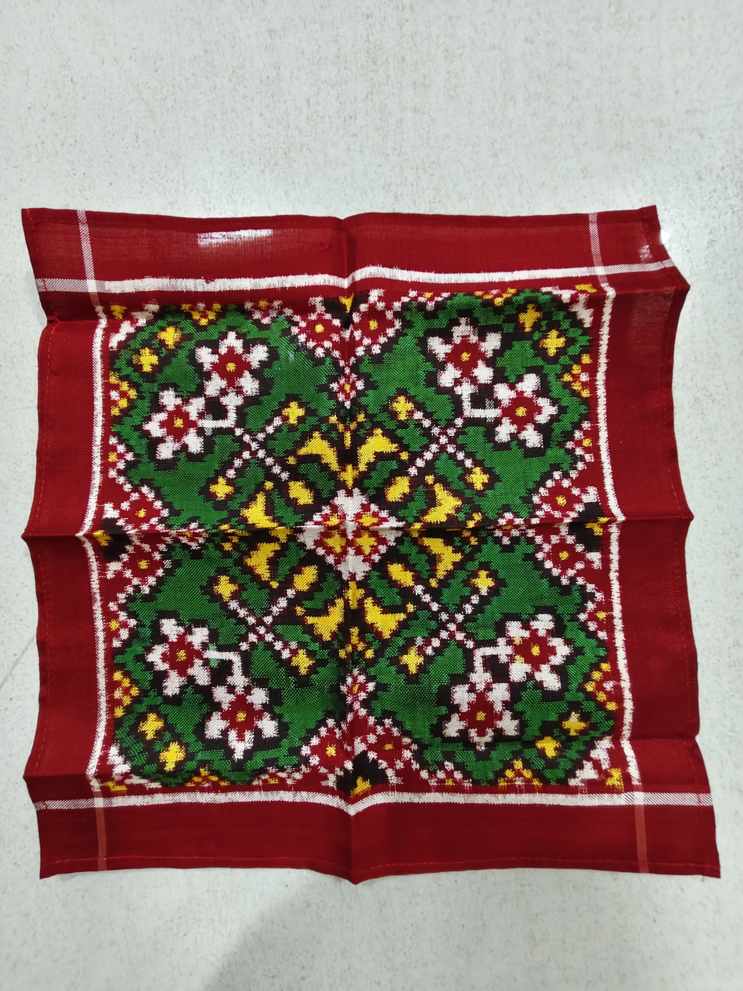 Green Navratan Motifs Double Ikat Puja Ramal 12 × 12 Inches