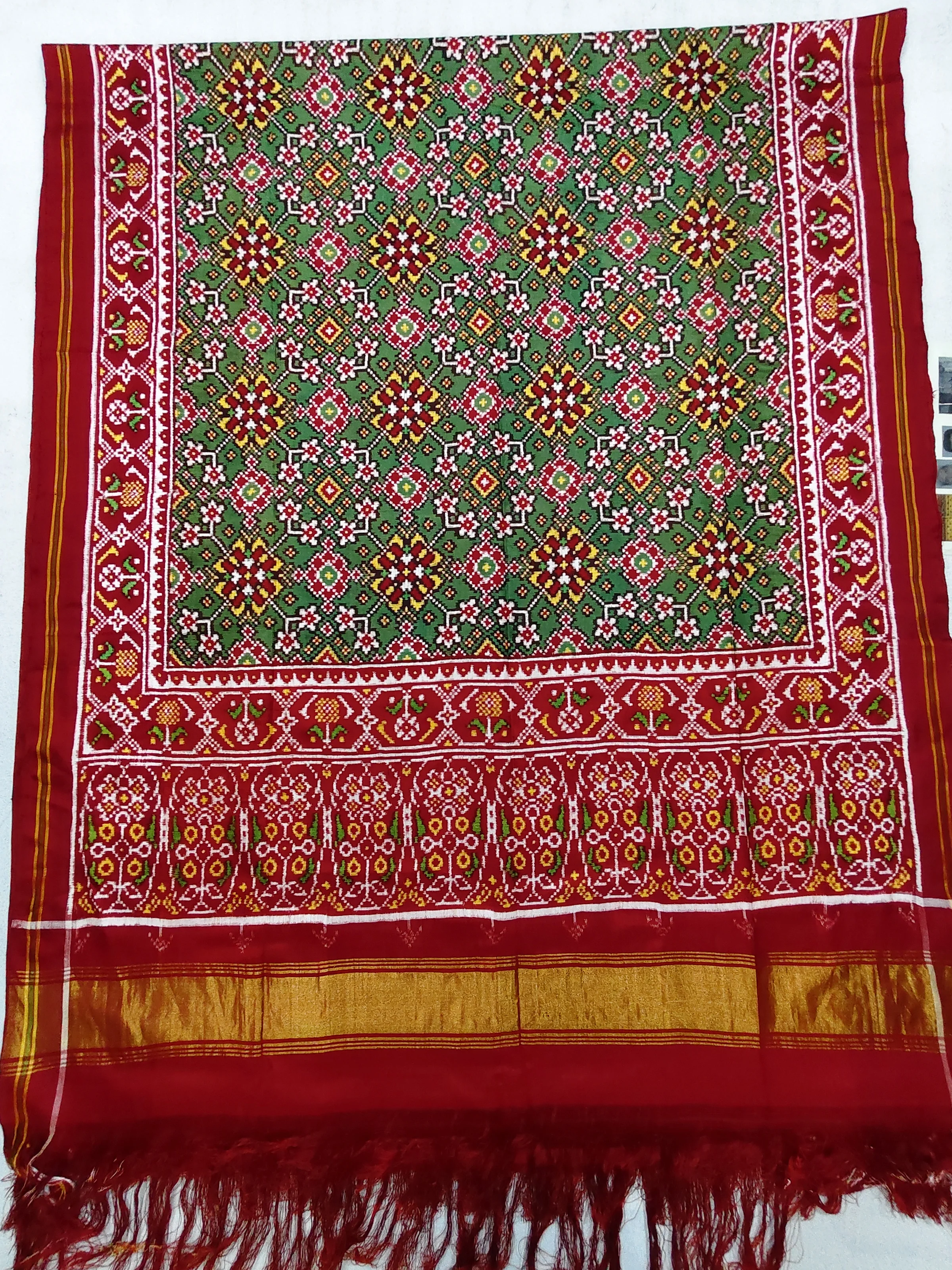 Red Ghughra Border Green Navratan Motifs Double Ikat Patola Saree