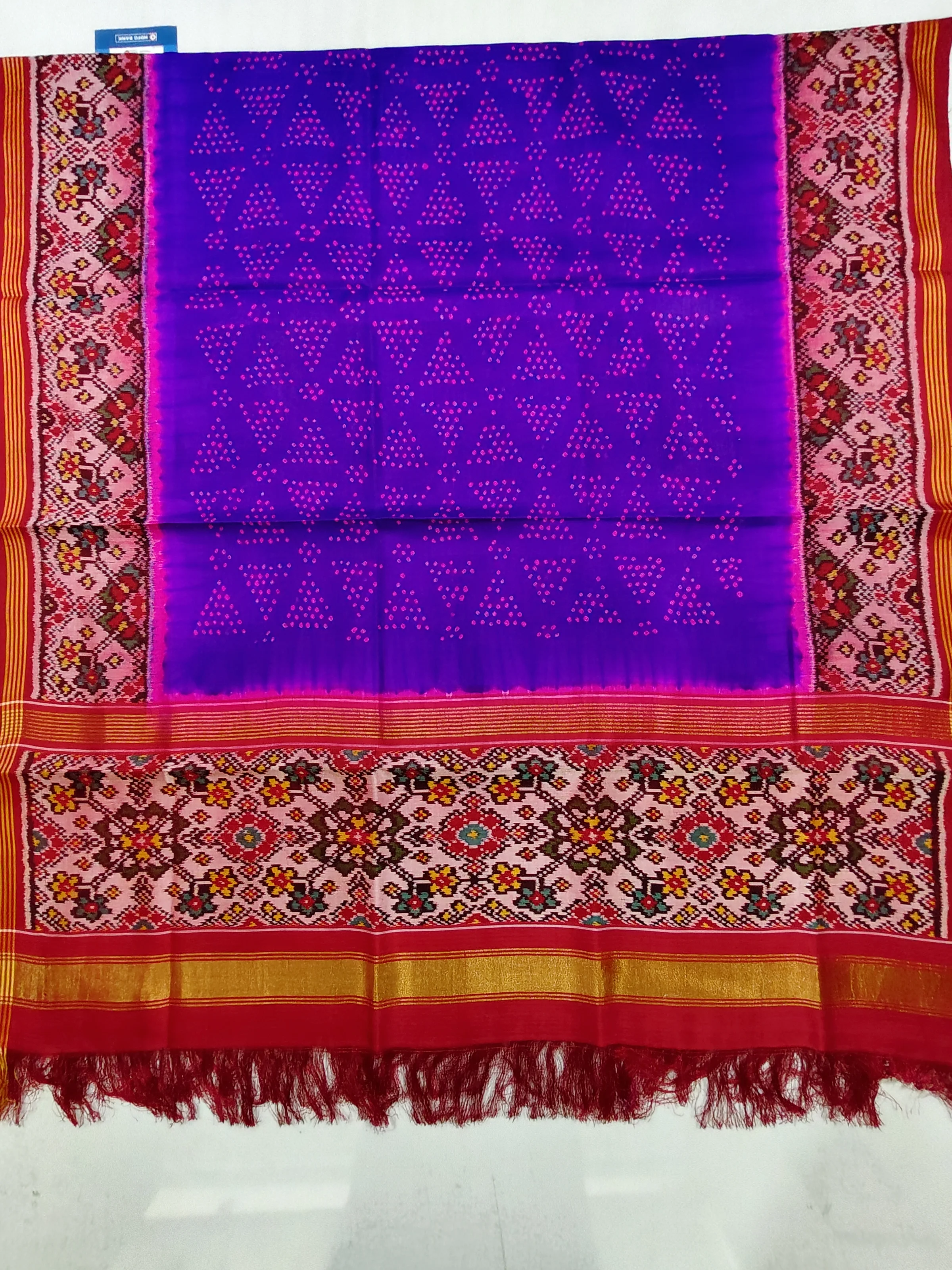 Red & Blue Bandhej Patola Single Ikat Chaniya Choli Dupatta 8 Ply Silk