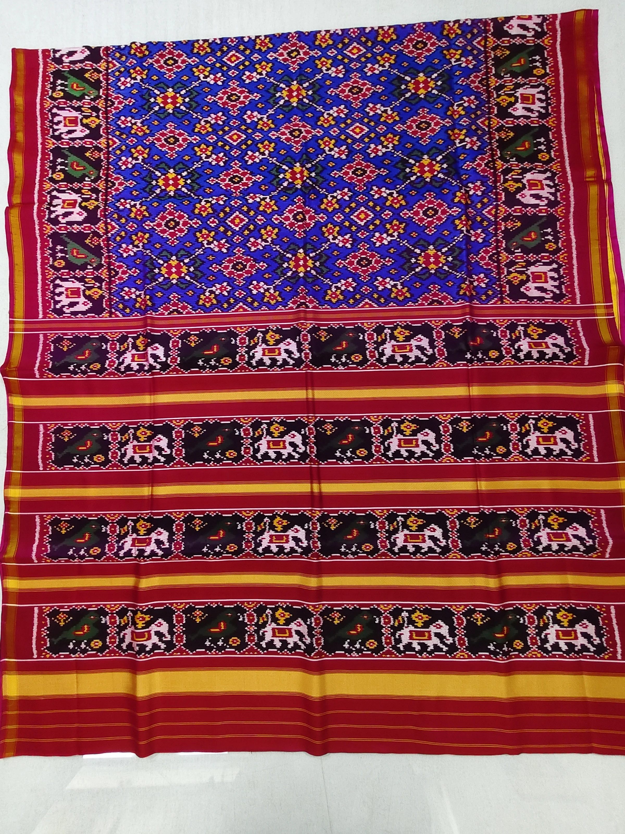 Reddish Pink Hathi Popat Border Royal Blue Navratan Twill Ikat Patola Saree