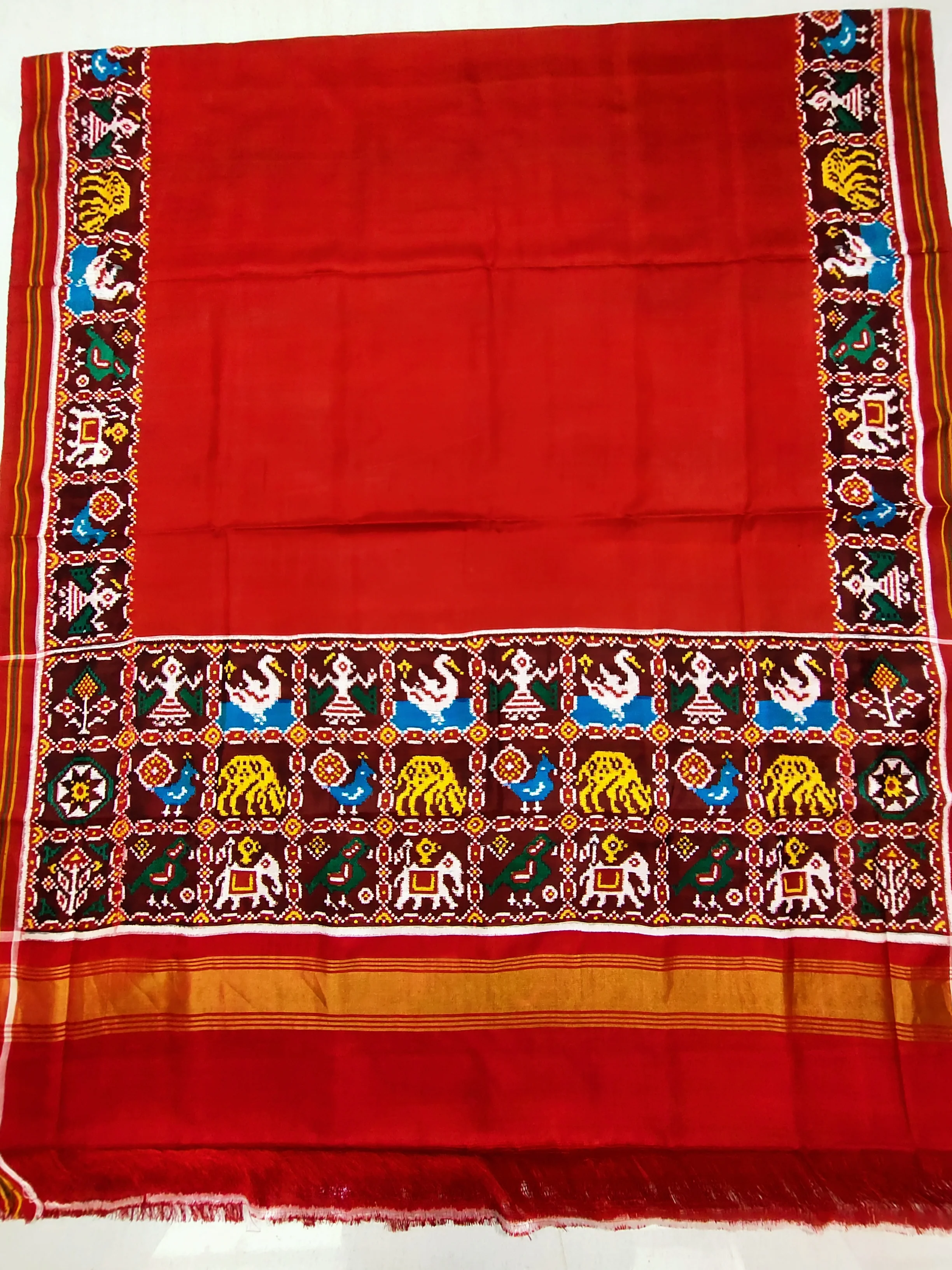 Double Ikat Patola Saree – Red marron Gala Border | Animal Motifs