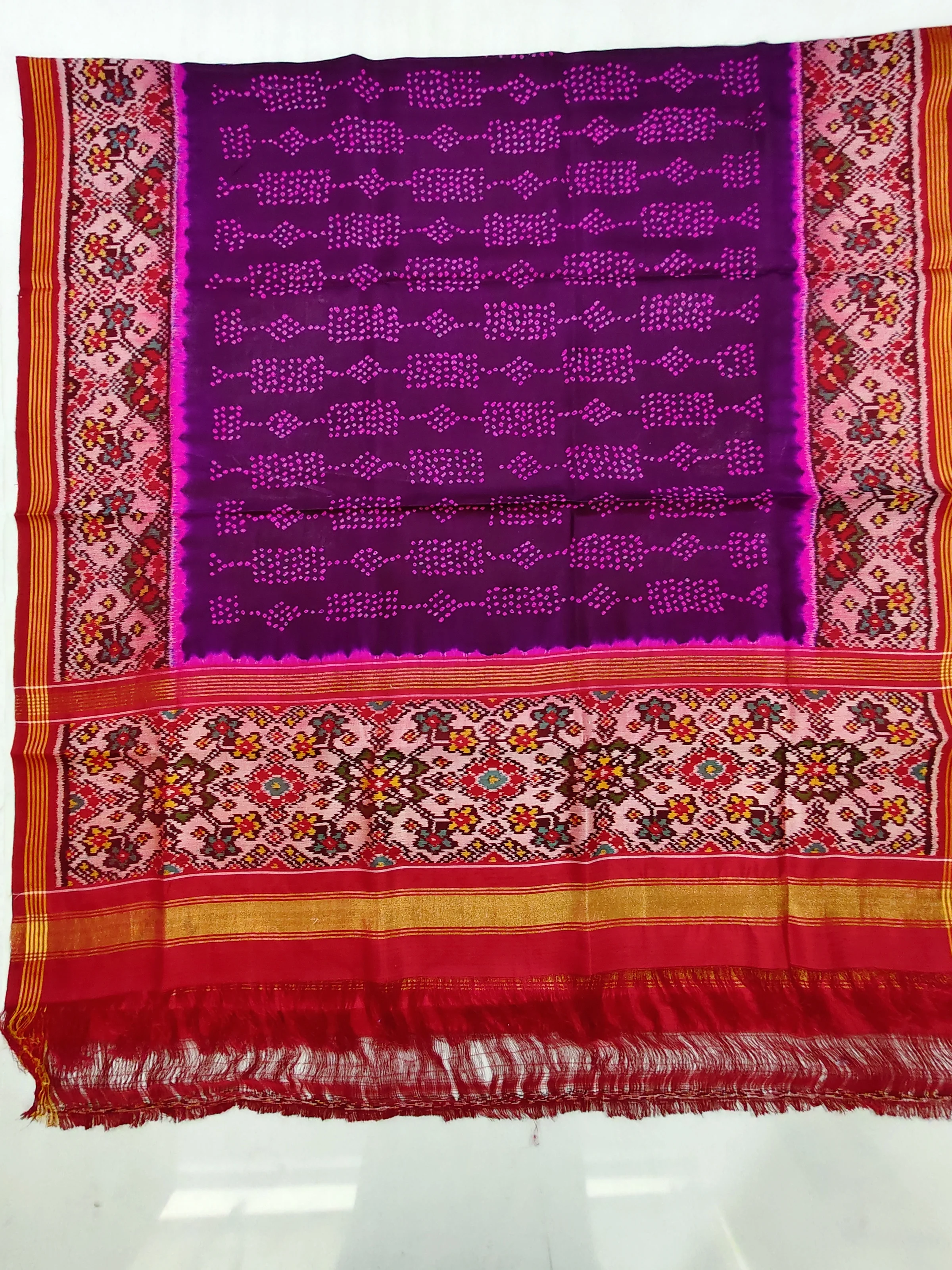 Red & Purple Bandhej Patola Single Ikat Chaniya Choli Dupatta 8 Ply Silk