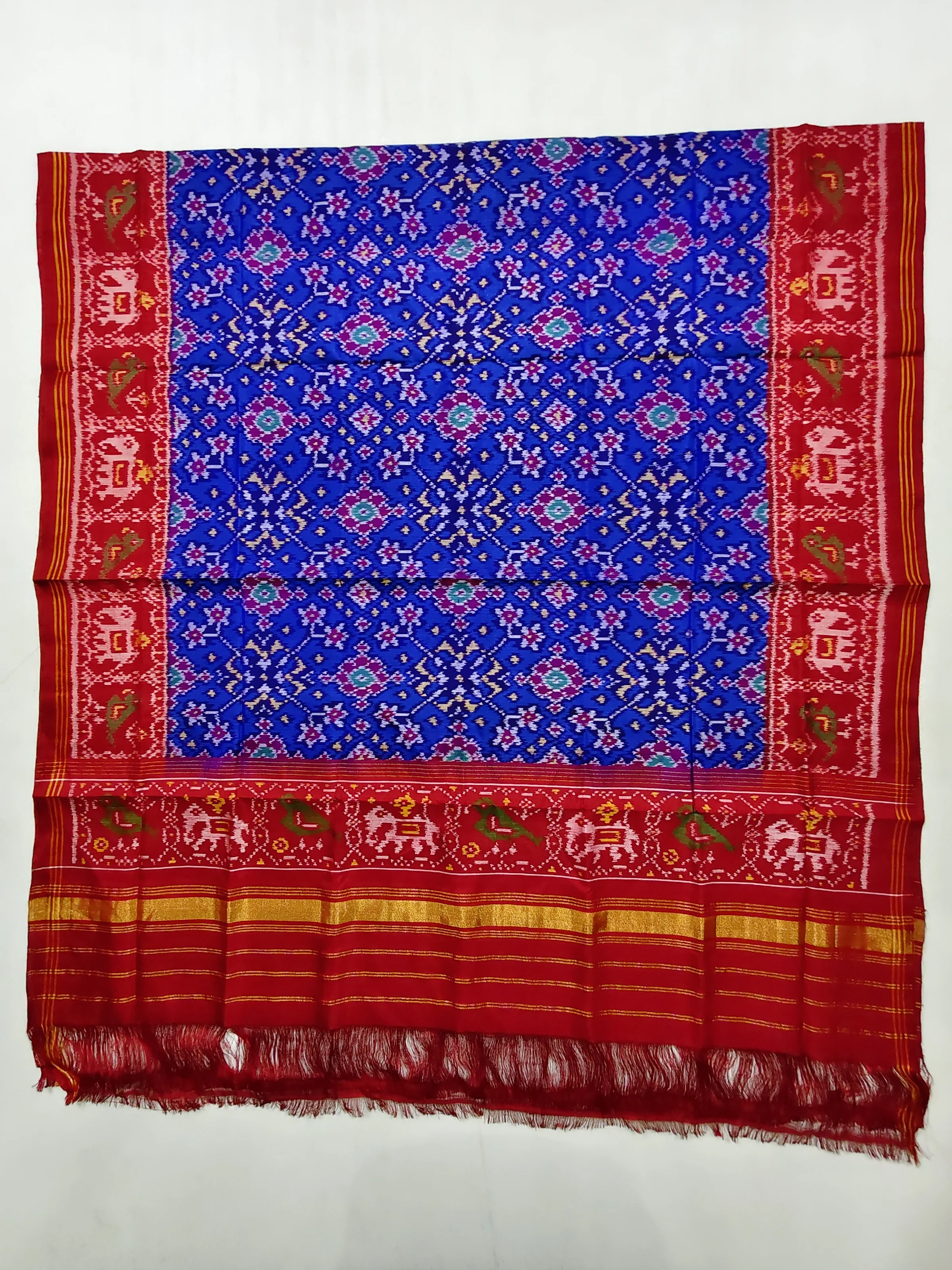 Red Elephant Parrot Border Blue Navratan Motifs Semi Ikat Chaniya Choli Dupatta