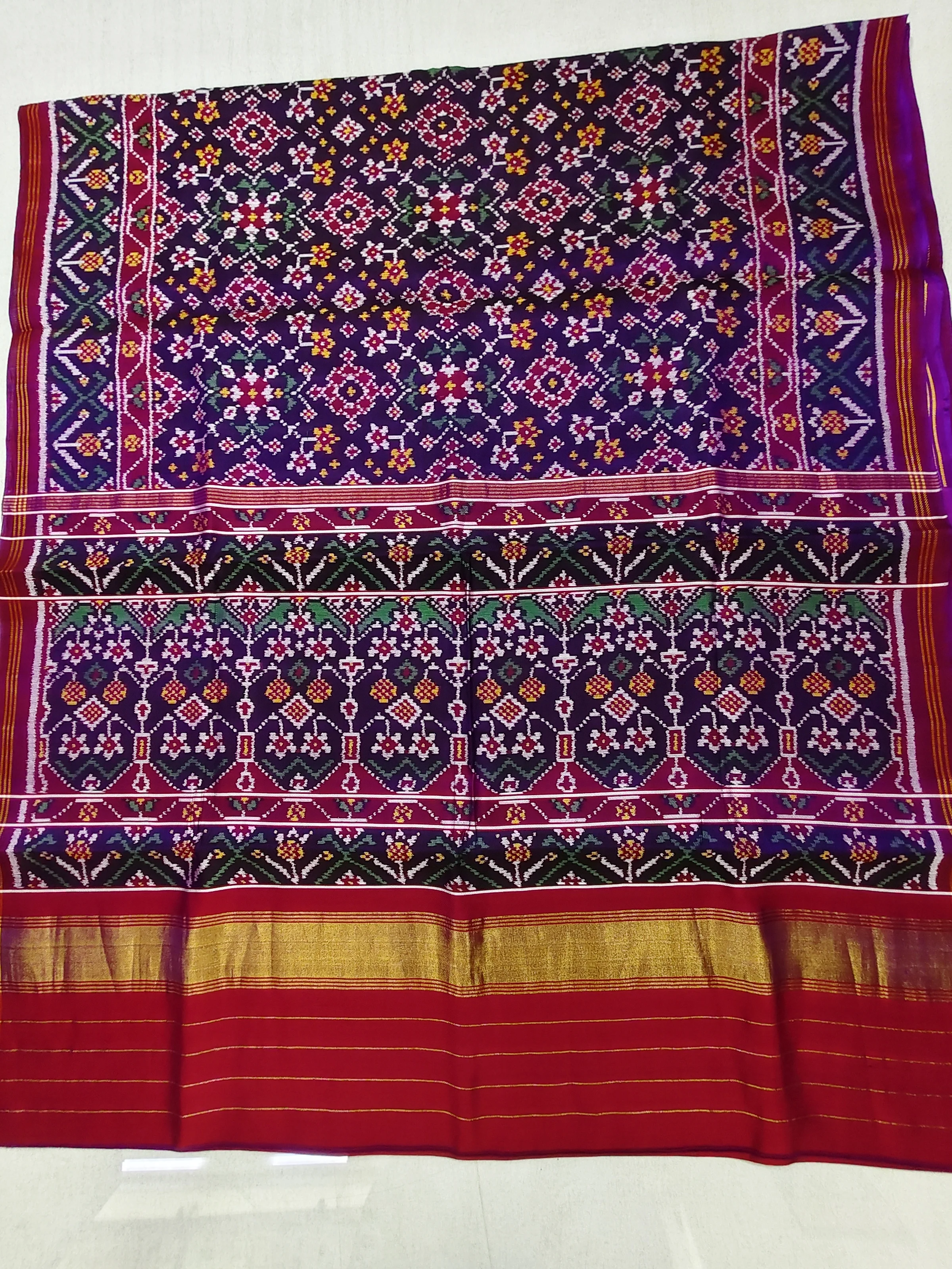 Purple Jad Border Navratan Motifs Twill Ikat Patola Saree