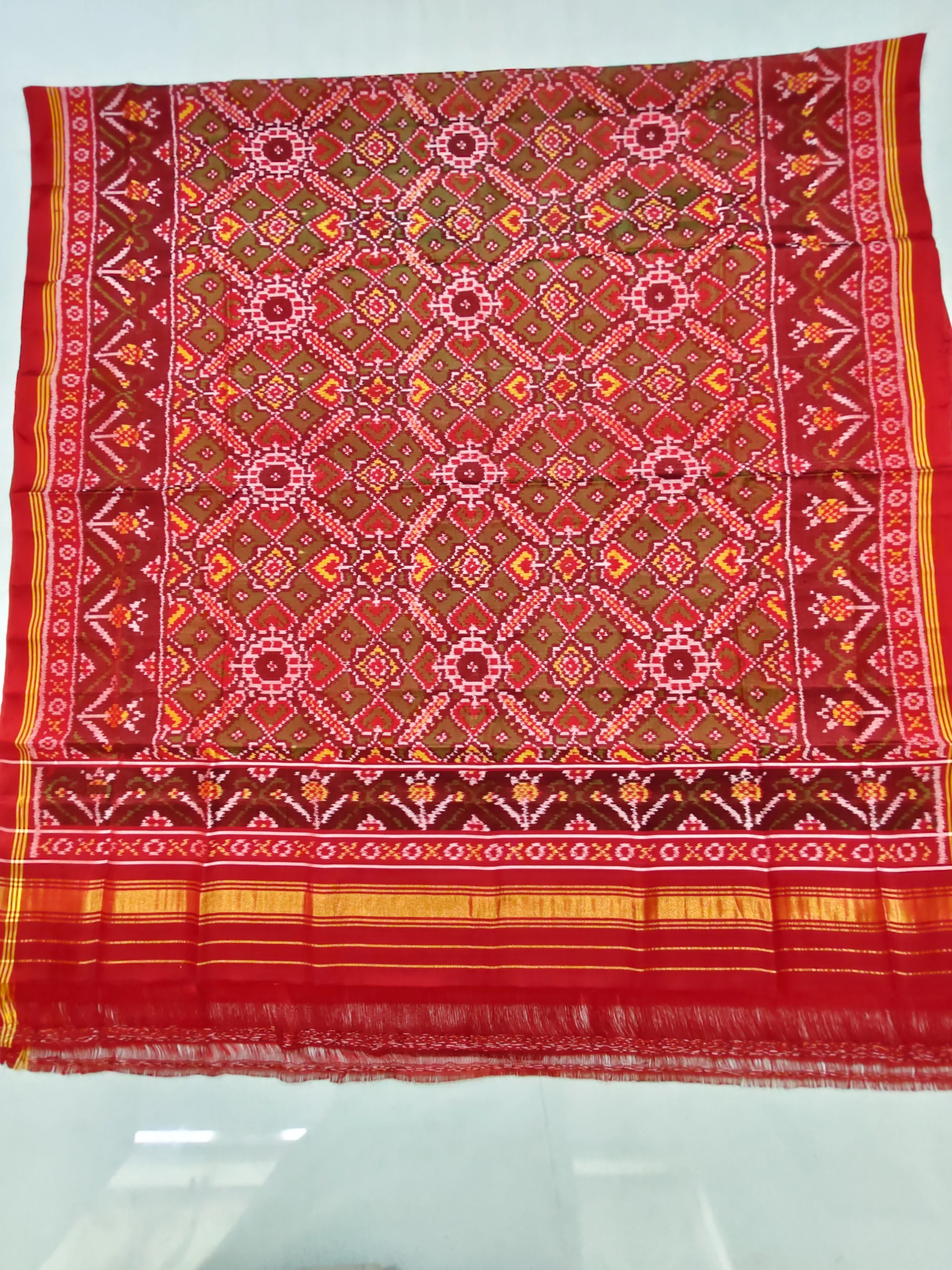 Red Green Jad Border Manekchowk Semi Ikat Dupatta for Chaniya Choli