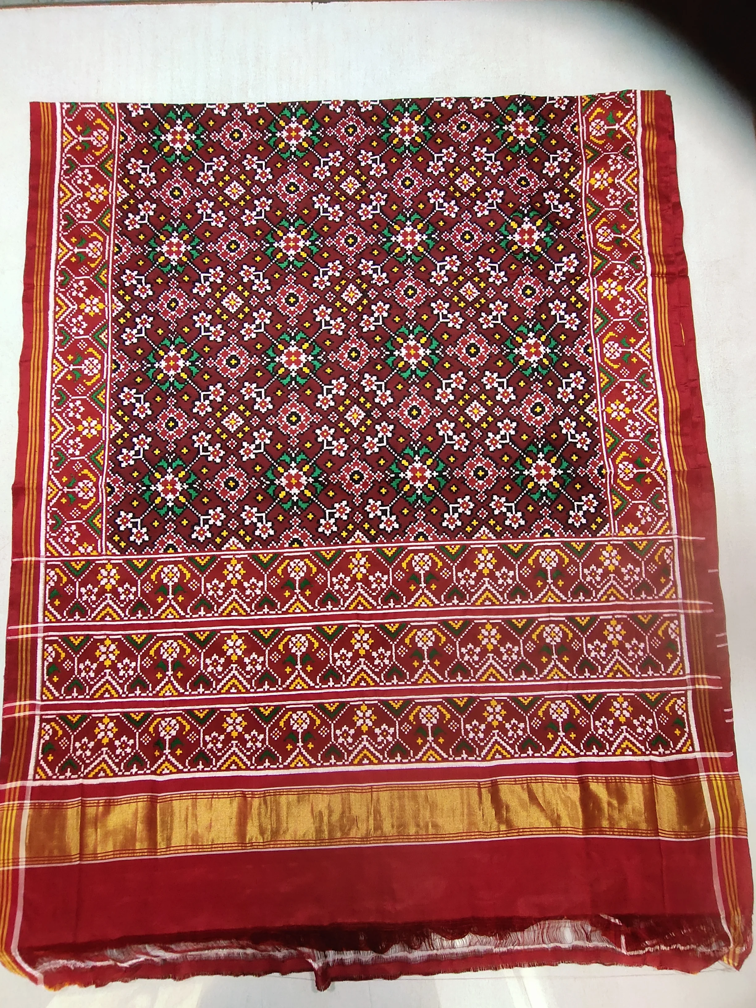 Double Ikat Patola Saree – Red Maroon | Navratan Border | Jaad (Jad) Motifs