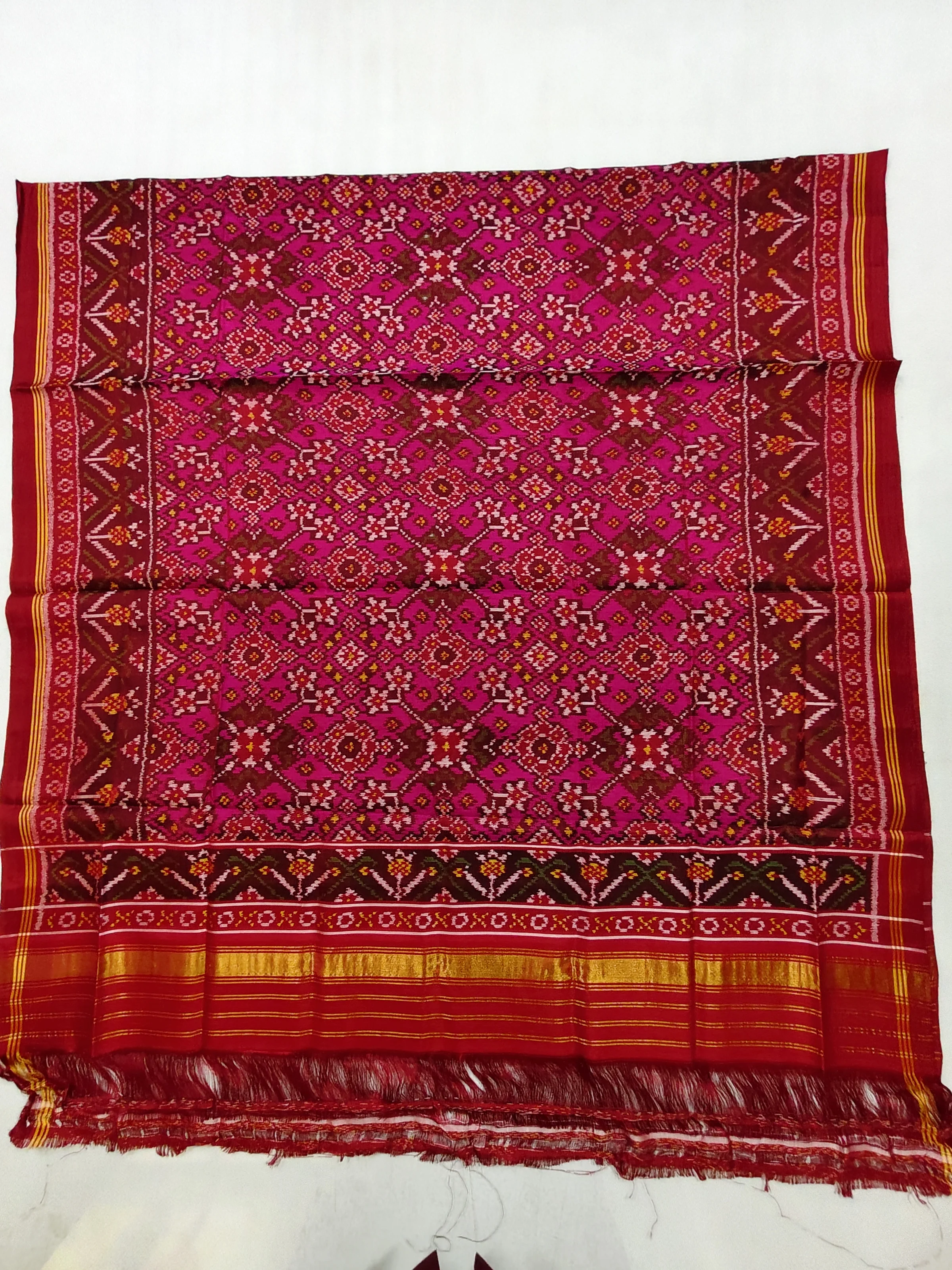 Red Jad Border Pink Navratan Motifs Chaniya Choli Dupatta Single Ikat 8 Ply Silk