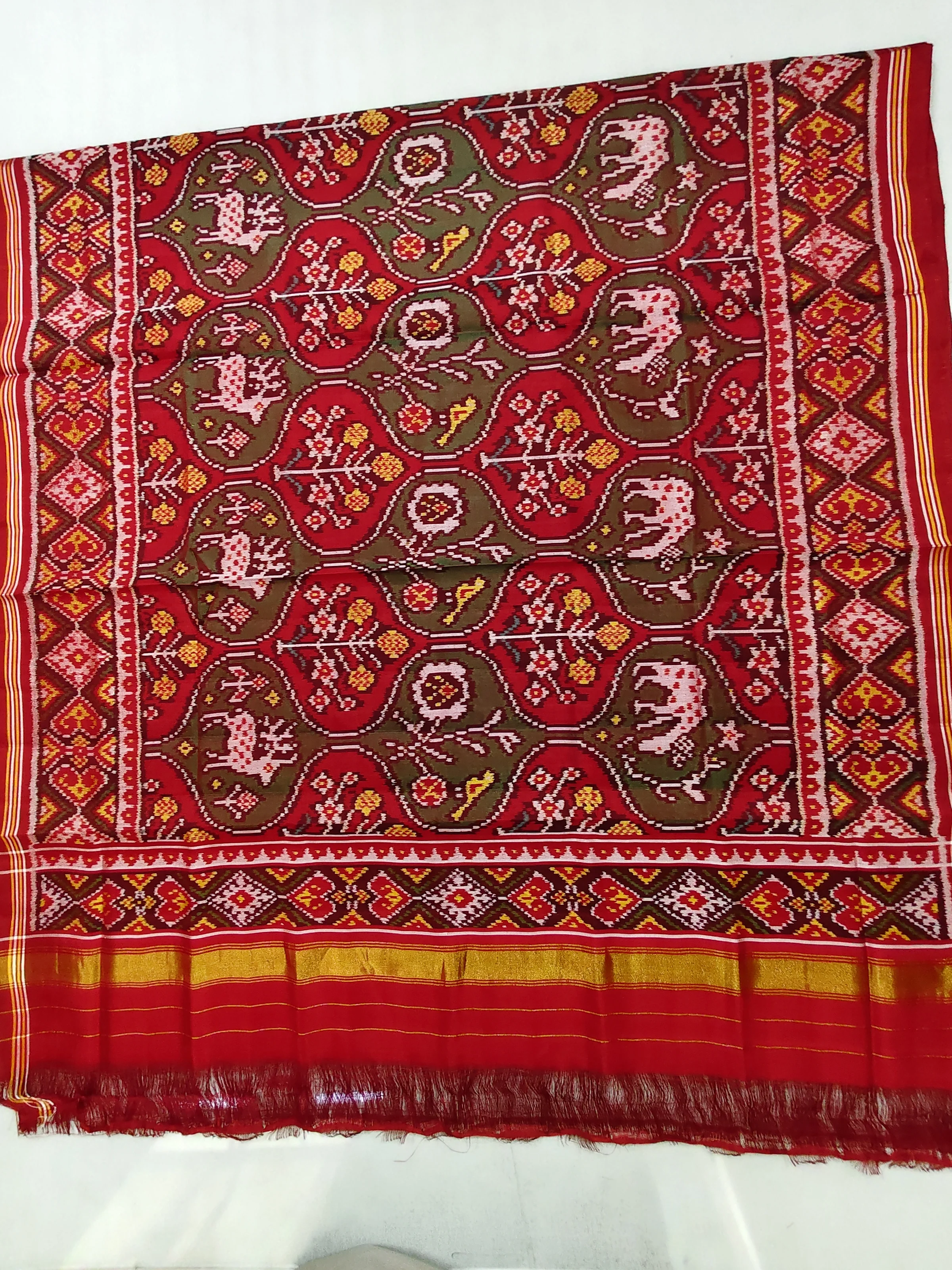 Red Matku Animal Motifs Selari Border Semi Ikat Dupatta for Chaniya Choli